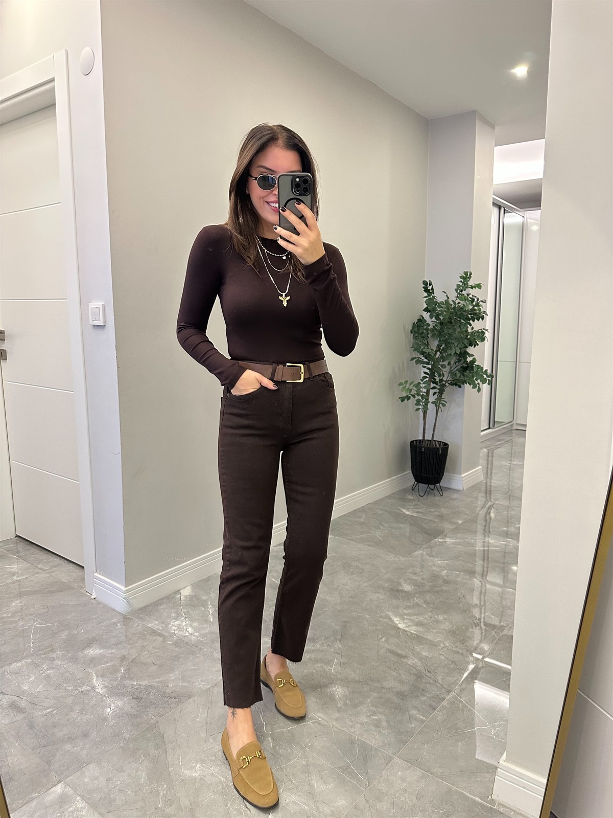 Orijinal Marka Bisiklet Yaka Basic Bluz -  Kahverengi