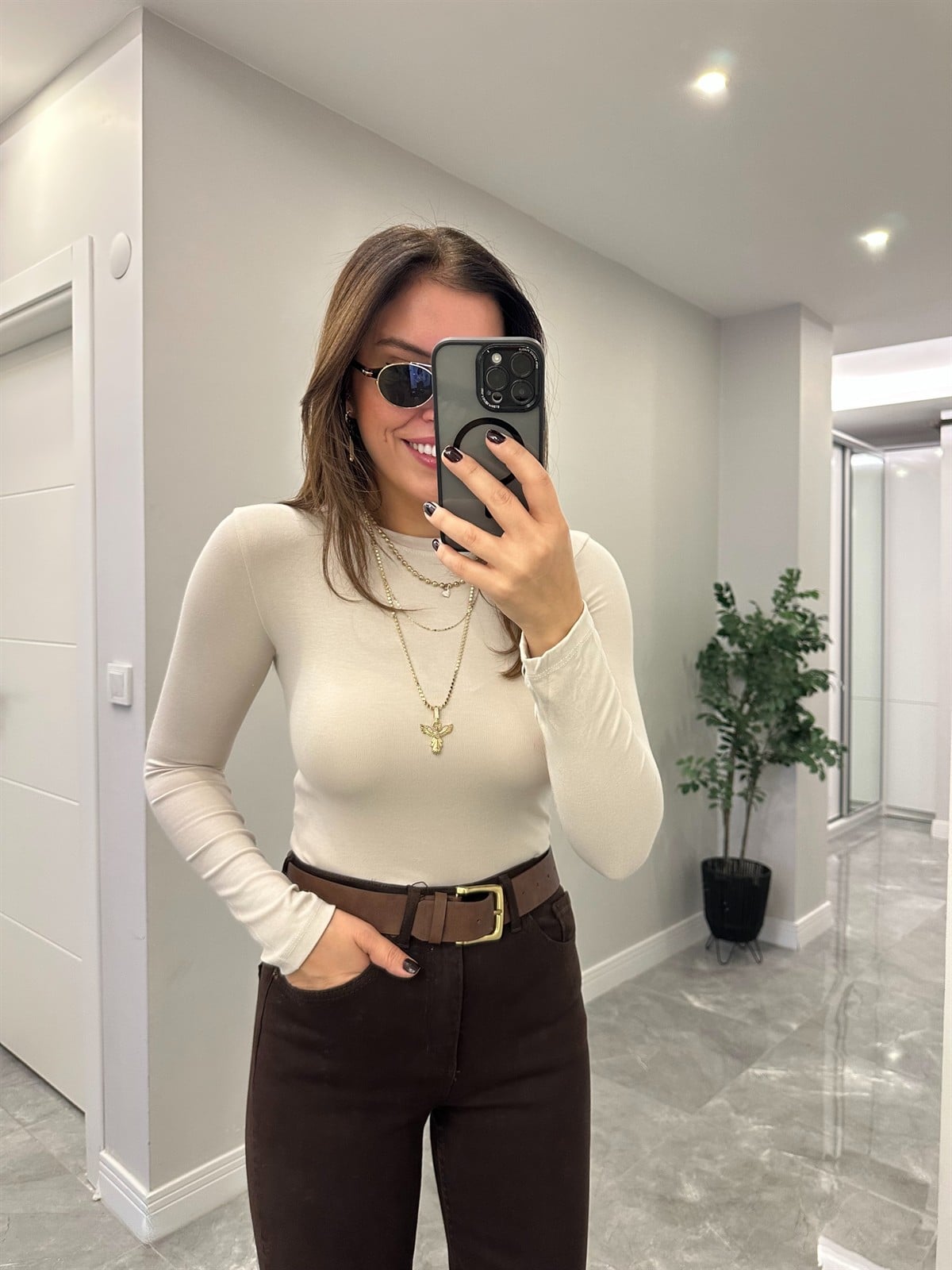 Orijinal Marka Bisiklet Yaka Basic Bluz - Taş