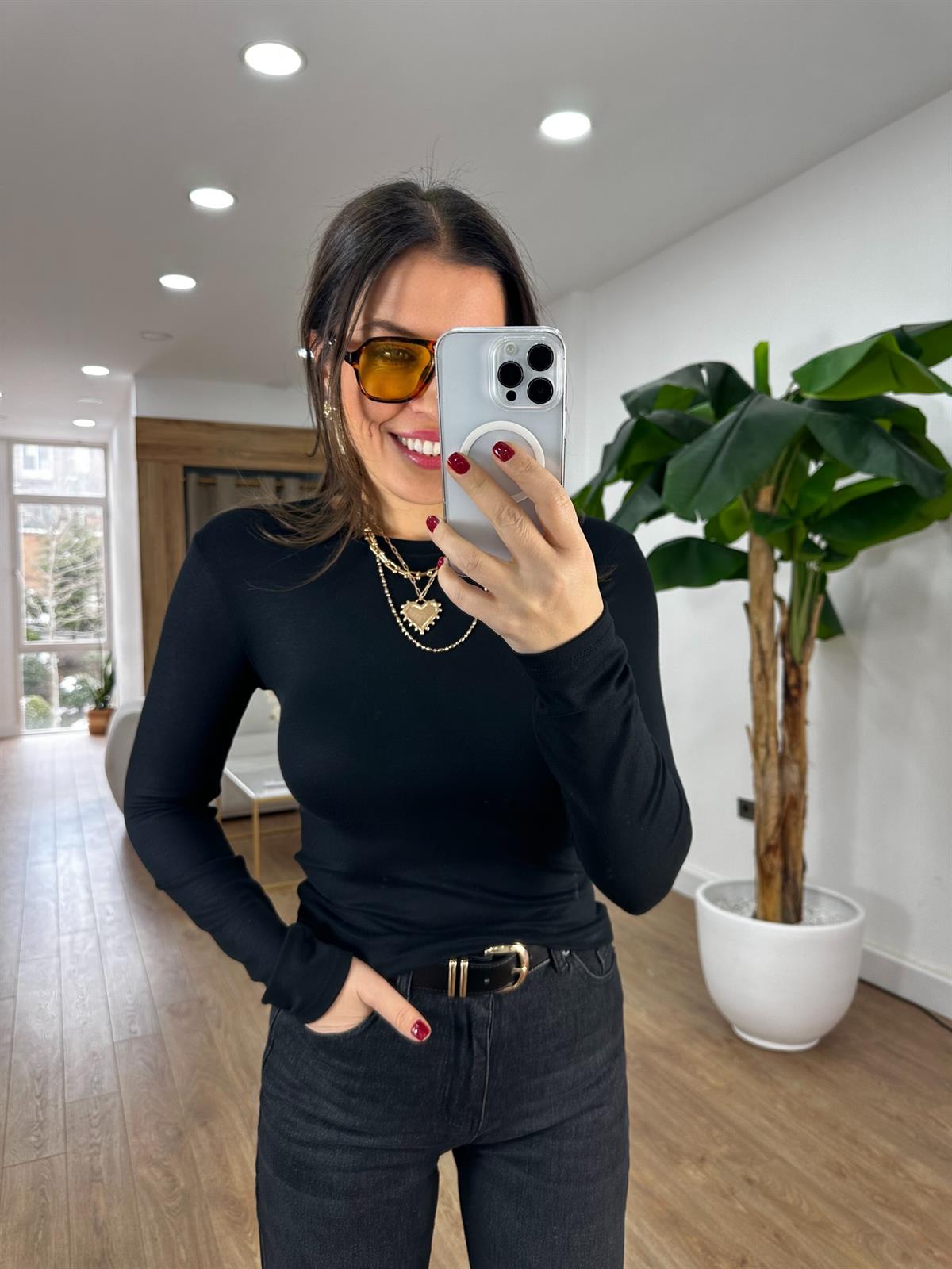 Orijinal Marka Bisiklet Yaka Basic Bluz - Siyah