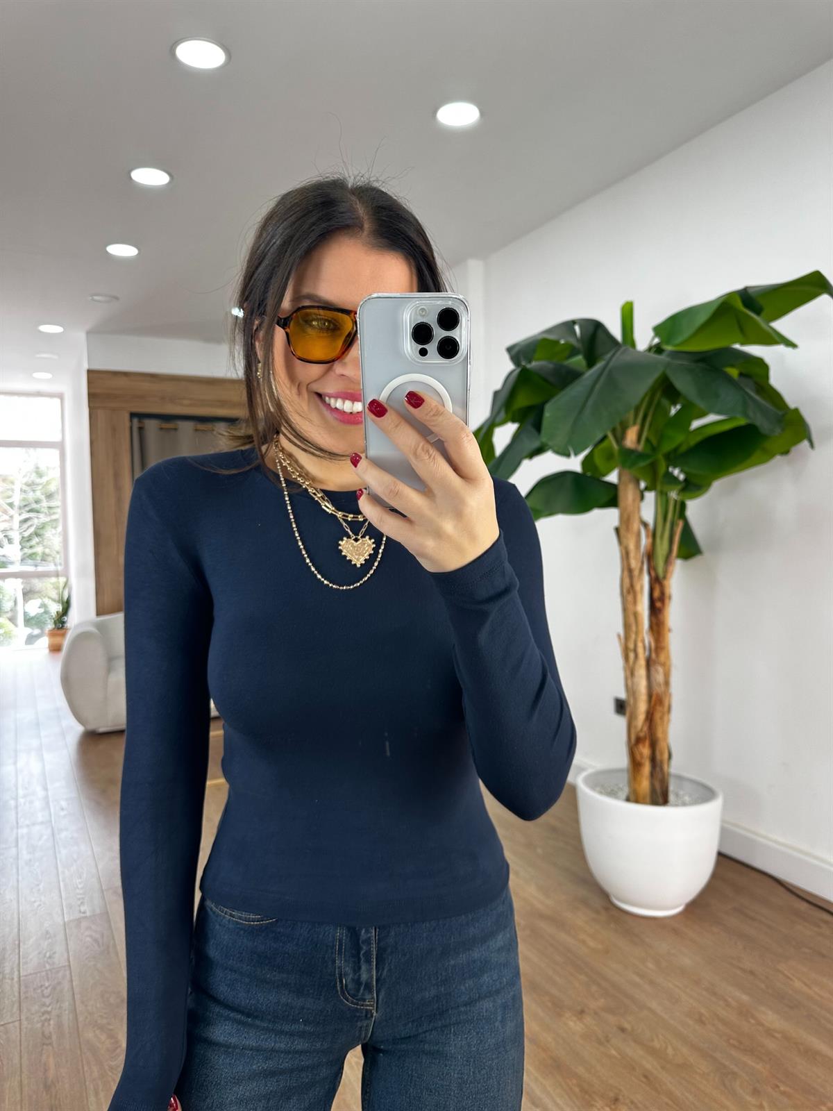 Orijinal Marka Bisiklet Yaka Basic Bluz - Lacivert