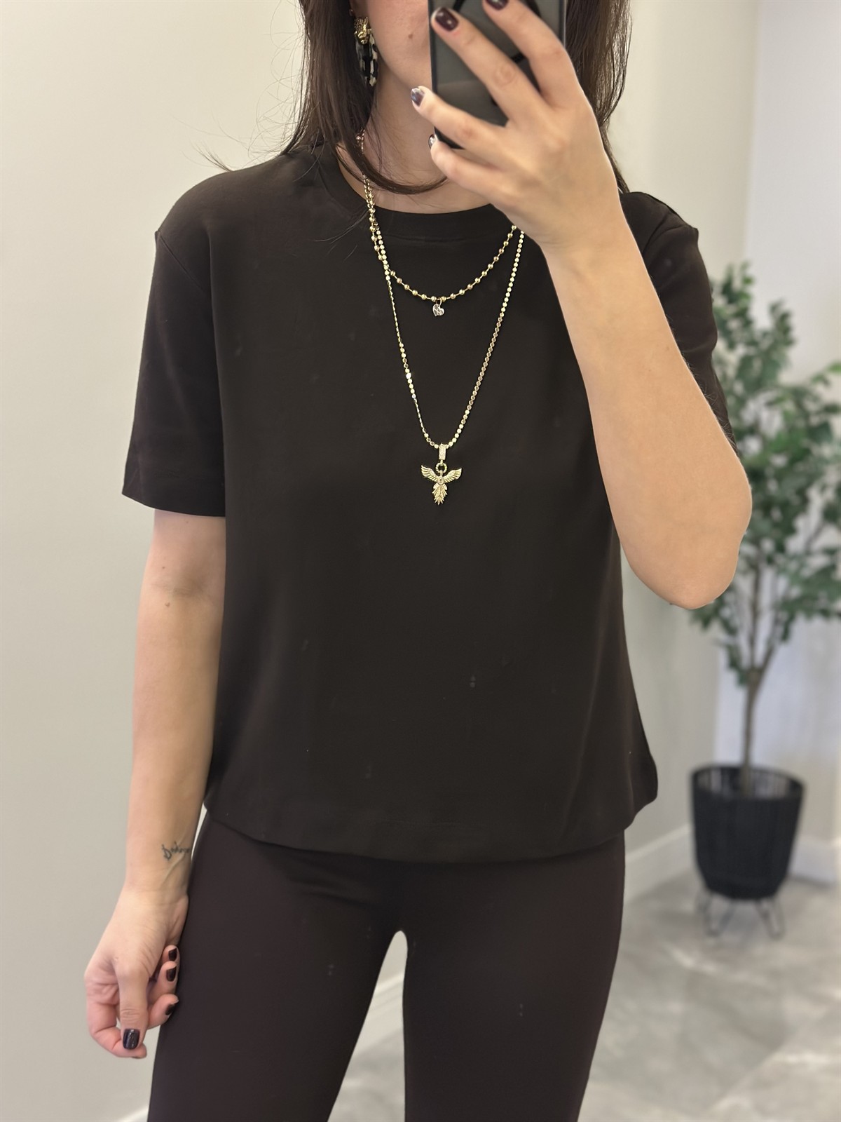 Orijinal Marka Bisiklet Yaka Basic Tshirt - Kahverengi