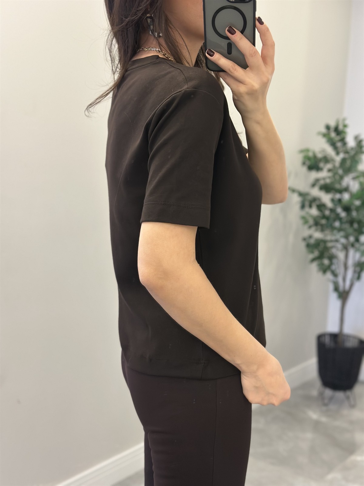 Orijinal Marka Bisiklet Yaka Basic Tshirt - Kahverengi