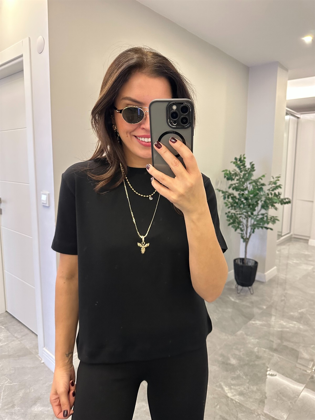 Orijinal Marka Bisiklet Yaka Basic Tshirt - Siyah