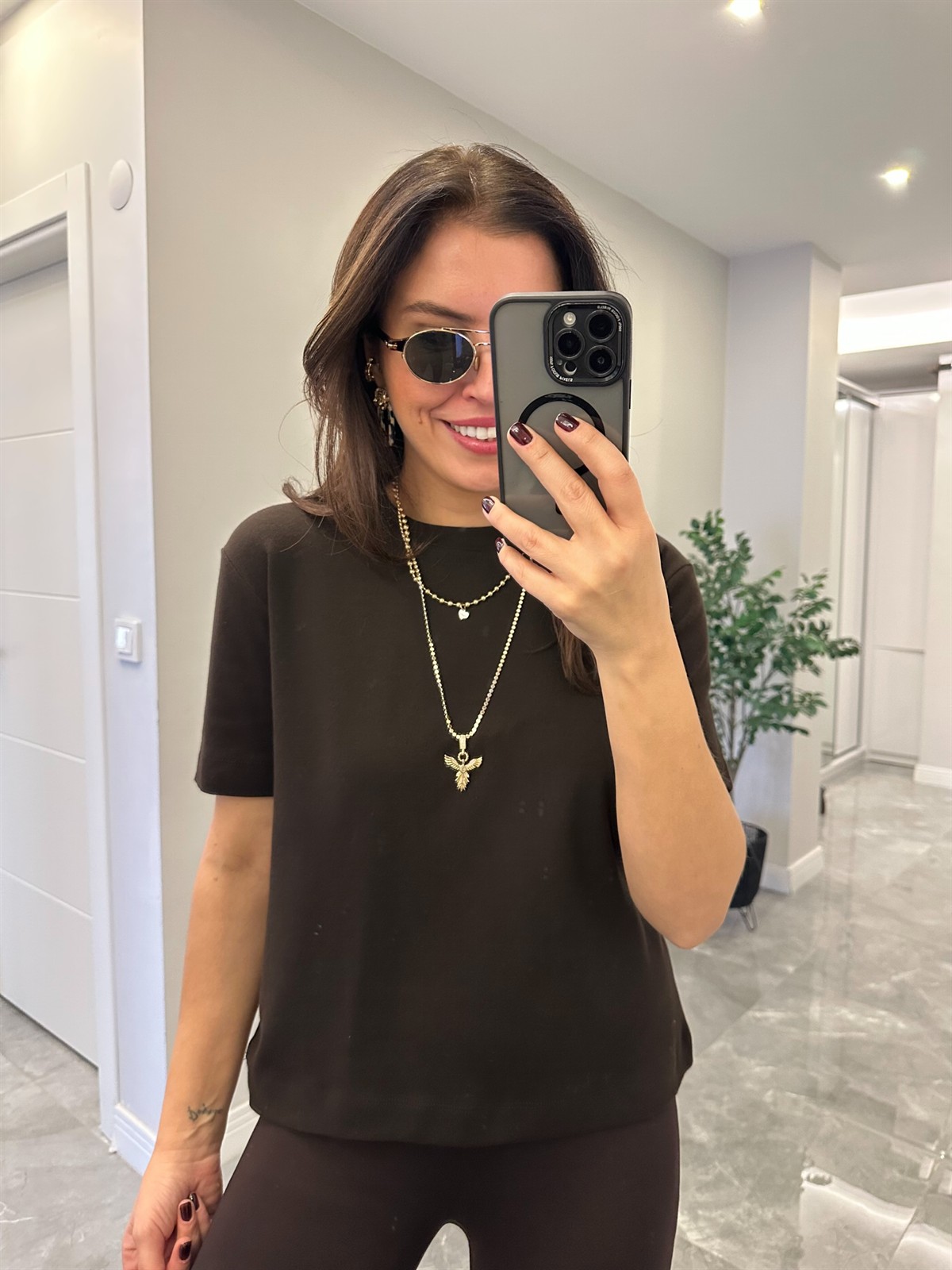 Orijinal Marka Bisiklet Yaka Basic Tshirt - Kahverengi