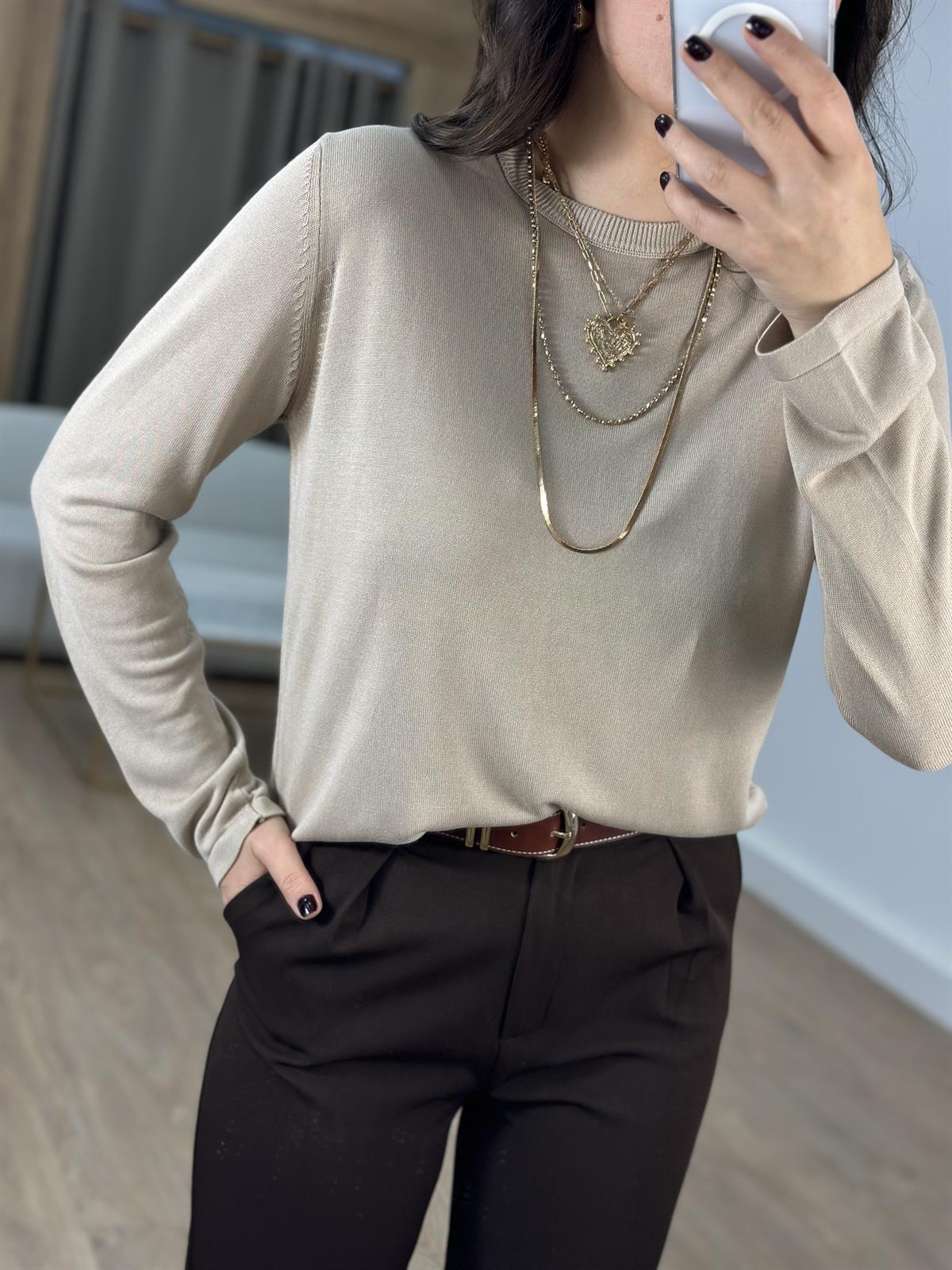 Orijinal Marka Bisiklet Yaka Triko Bluz- Bej