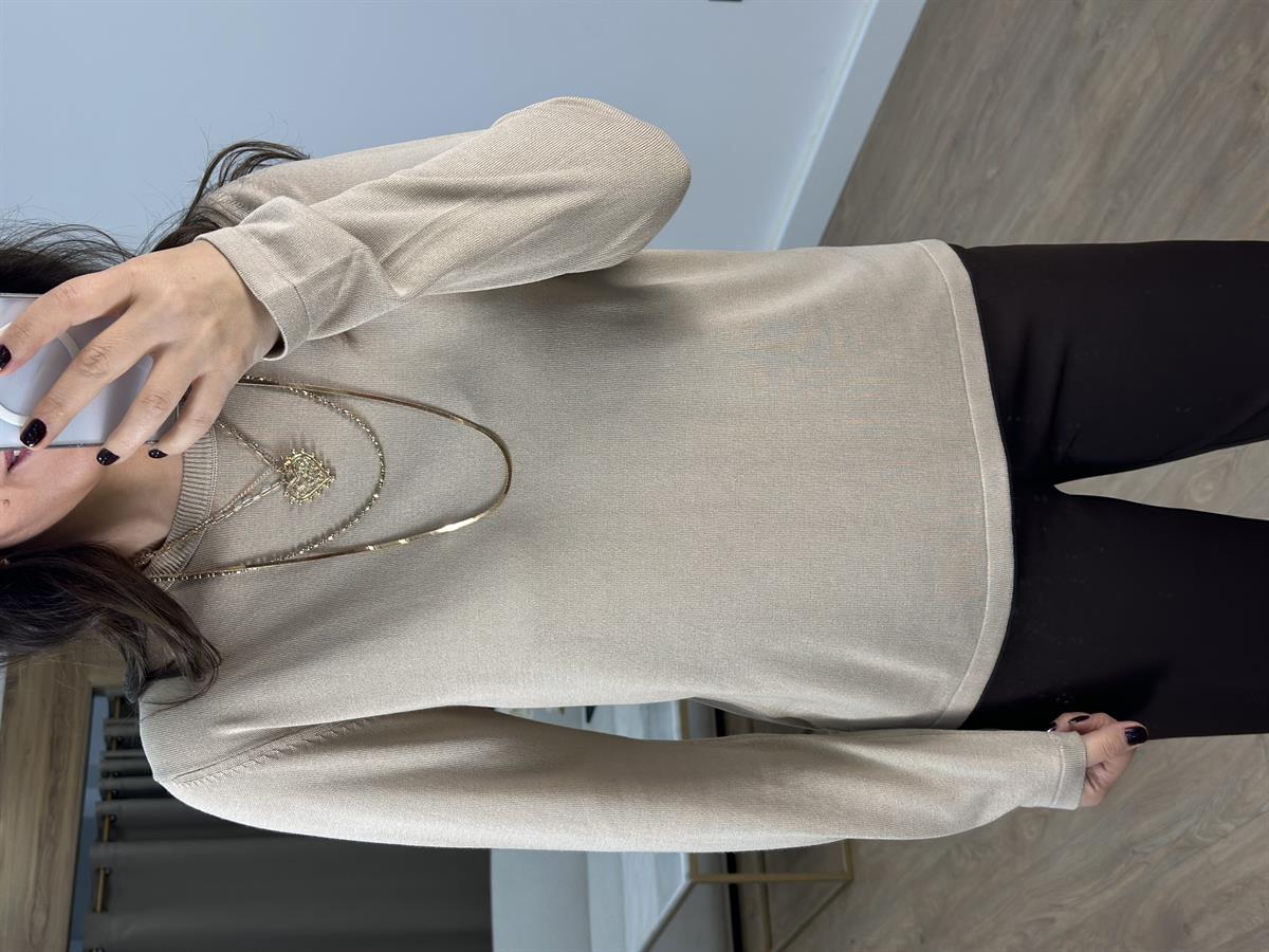 Orijinal Marka Bisiklet Yaka Triko Bluz- Bej