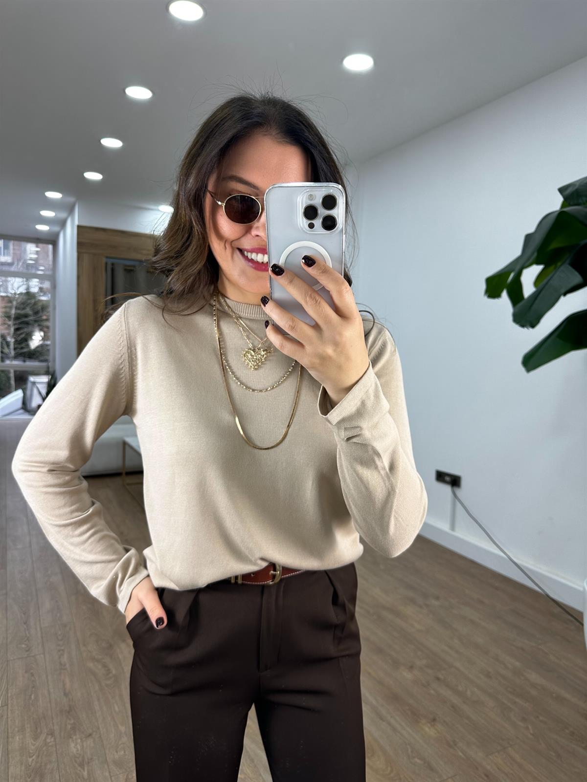 Orijinal Marka Bisiklet Yaka Triko Bluz- Bej