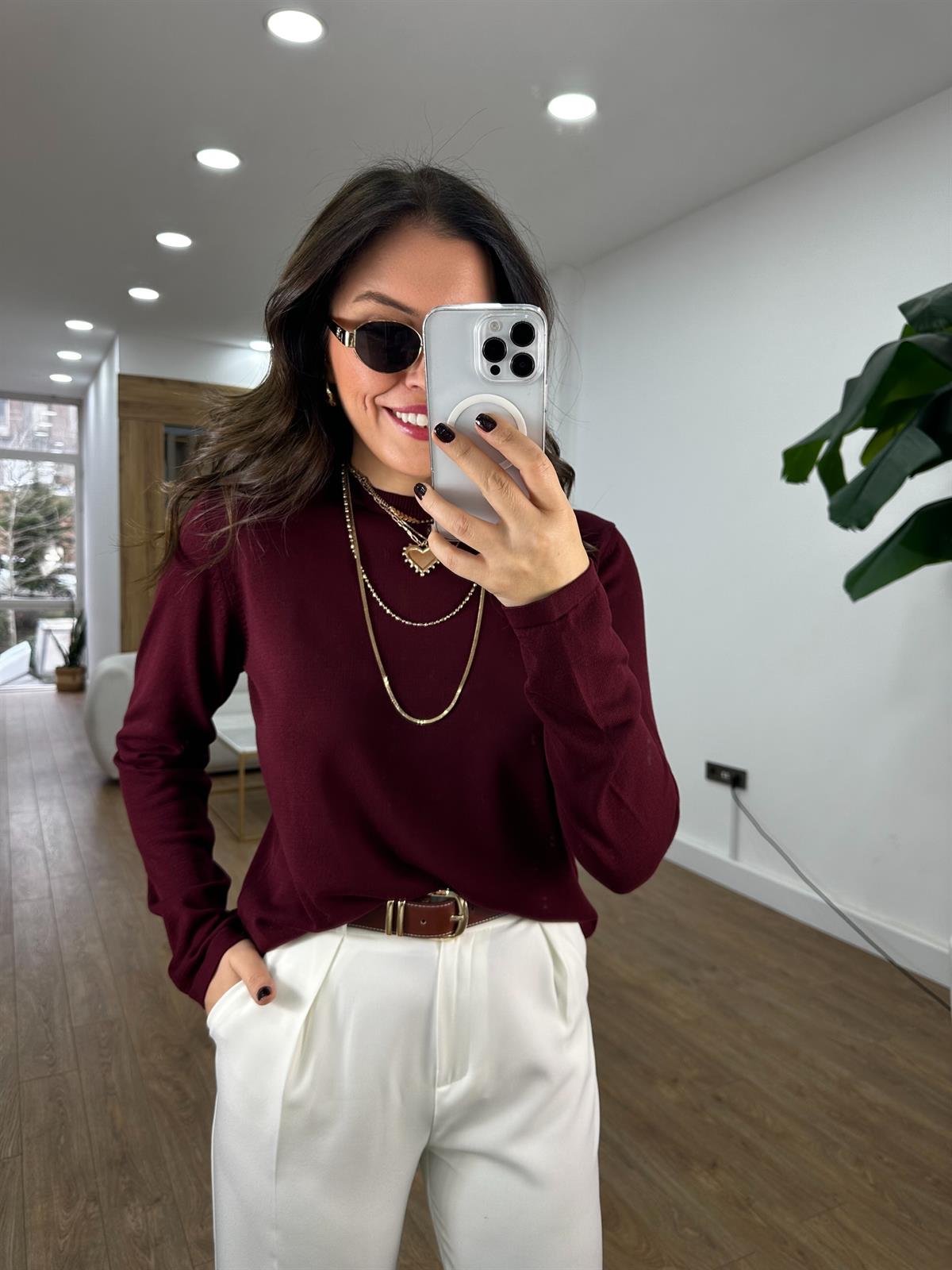 Orijinal Marka Bisiklet Yaka Triko Bluz - Bordo