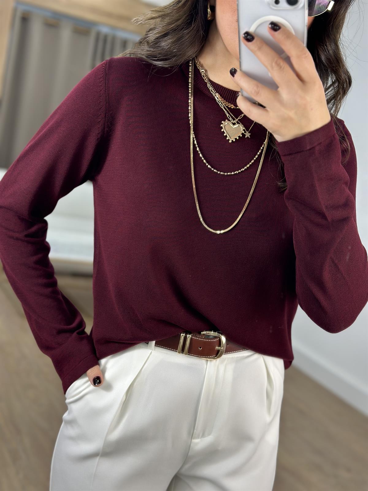 Orijinal Marka Bisiklet Yaka Triko Bluz - Bordo