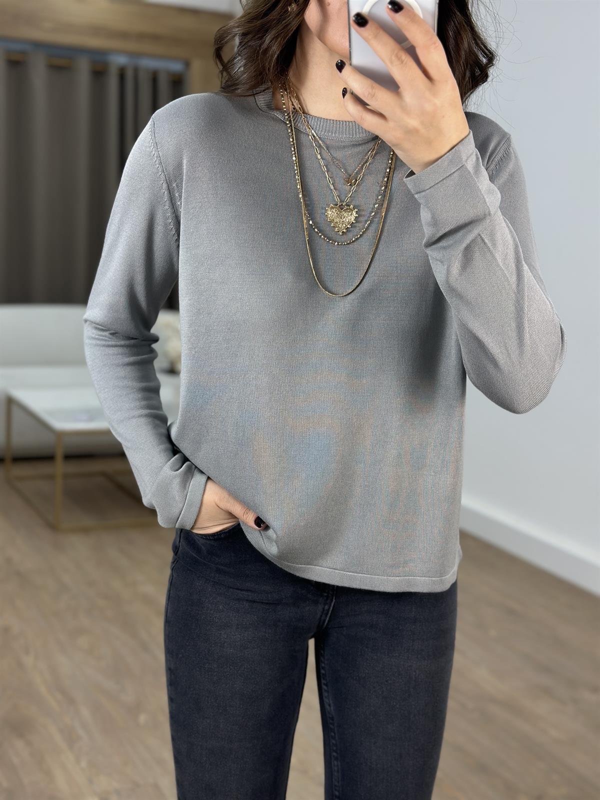 Orijinal Marka Bisiklet Yaka Triko Bluz- Gri