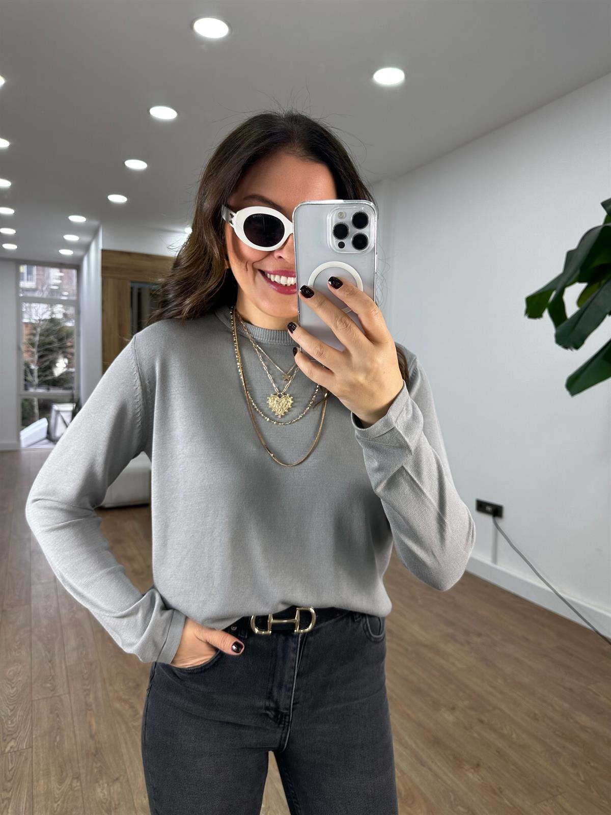 Orijinal Marka Bisiklet Yaka Triko Bluz- Gri