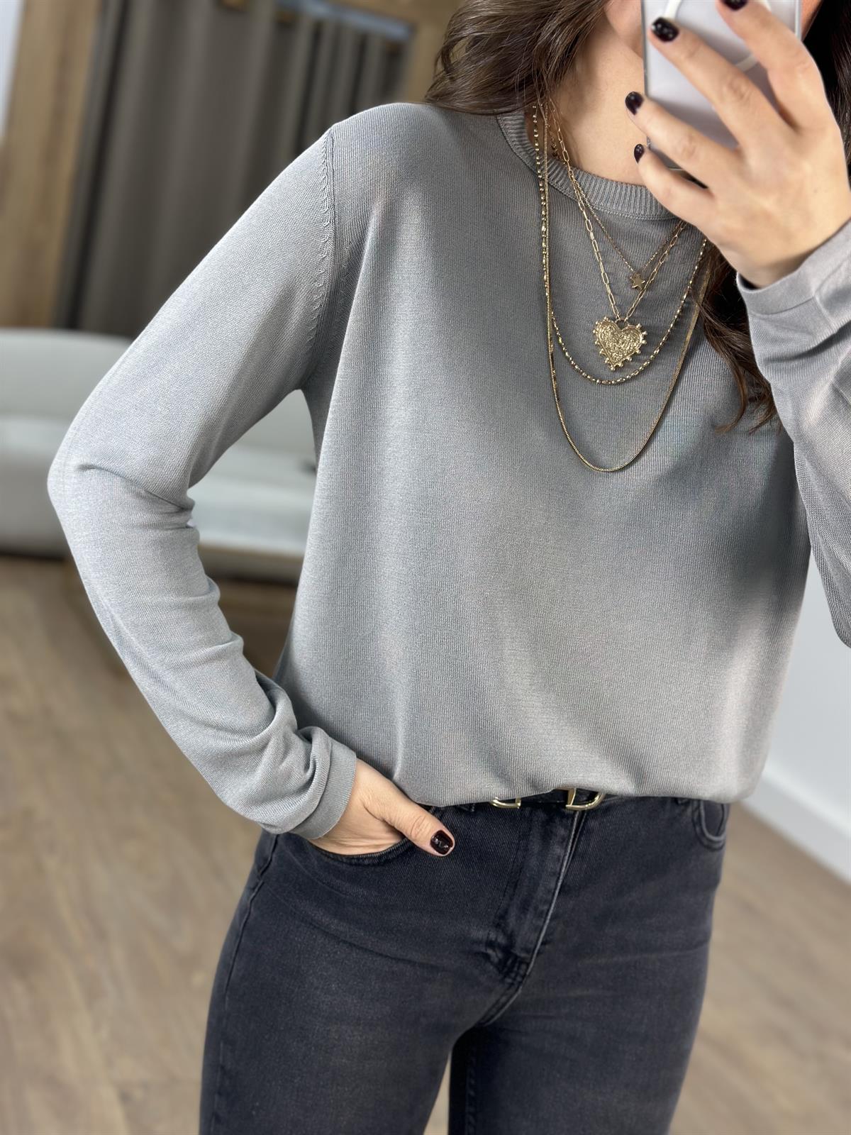 Orijinal Marka Bisiklet Yaka Triko Bluz- Gri