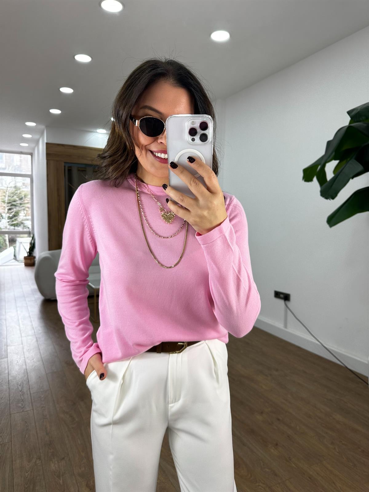 Orijinal Marka Bisiklet Yaka Triko Bluz- Pembe