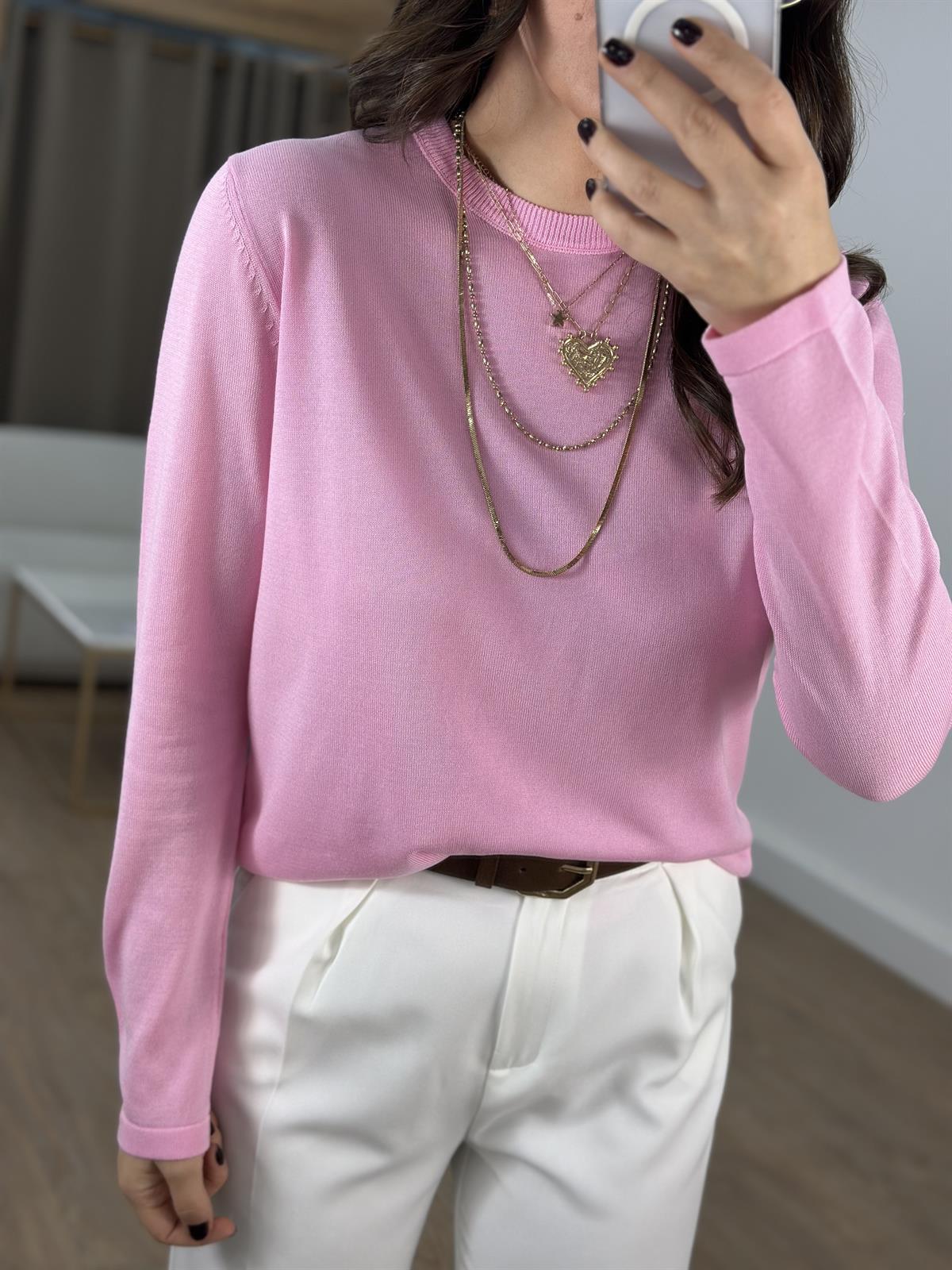 Orijinal Marka Bisiklet Yaka Triko Bluz- Pembe