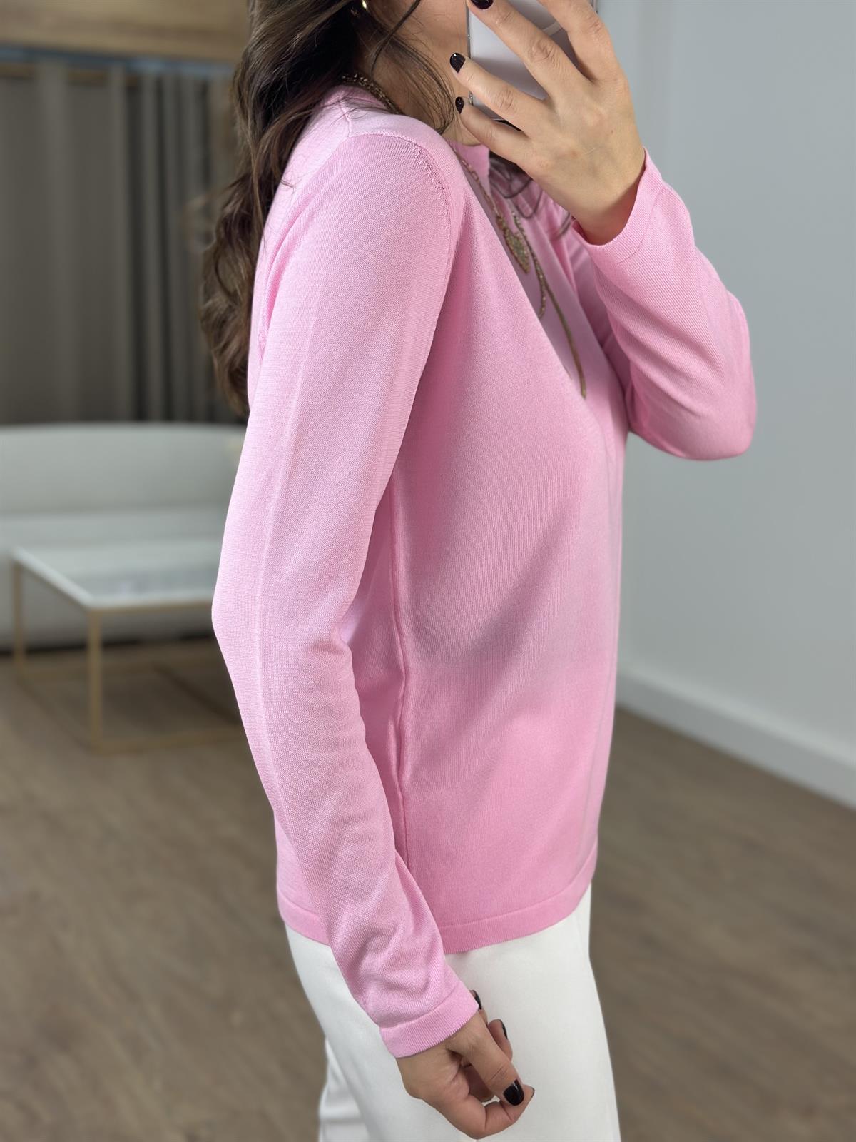 Orijinal Marka Bisiklet Yaka Triko Bluz- Pembe