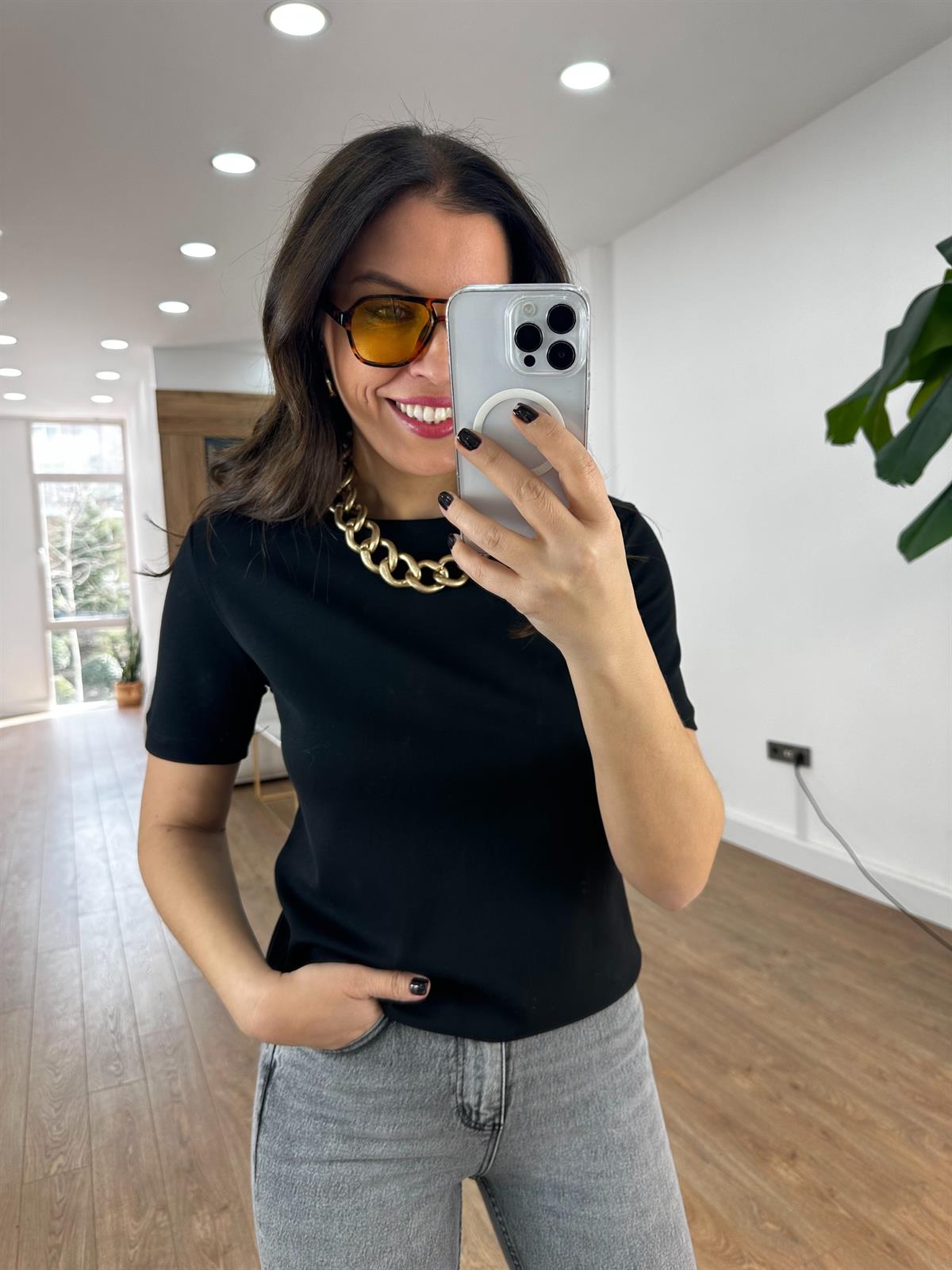 Orijinal Marka Bisiklet Yaka Kısa Kollu Tshirt - Siyah