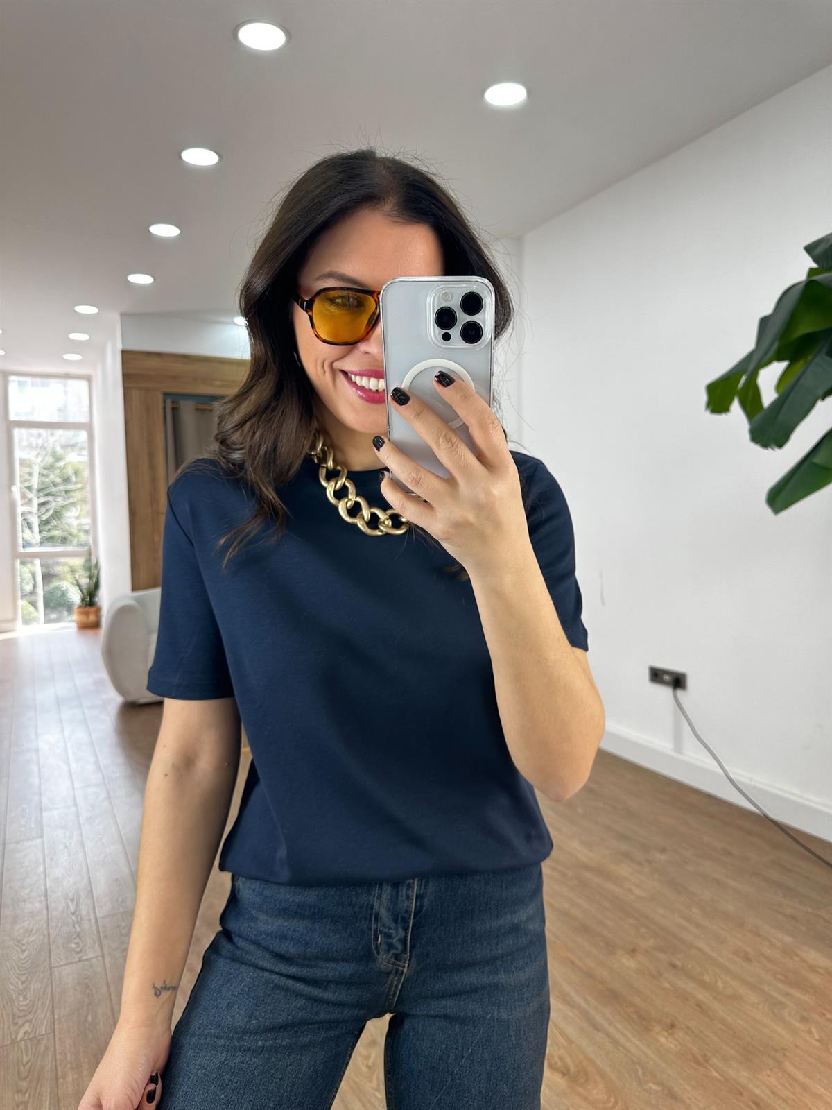 Orijinal Marka Bisiklet Yaka Kısa Kollu Tshirt - Lacivert