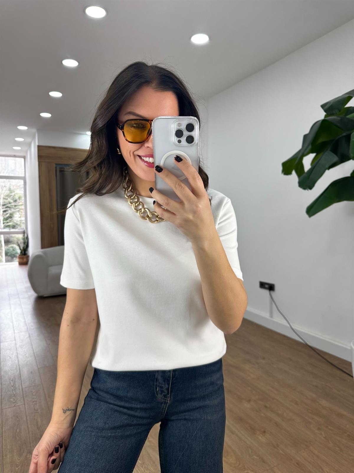 Orijinal Marka Bisiklet Yaka Kısa Kollu Tshirt - Beyaz