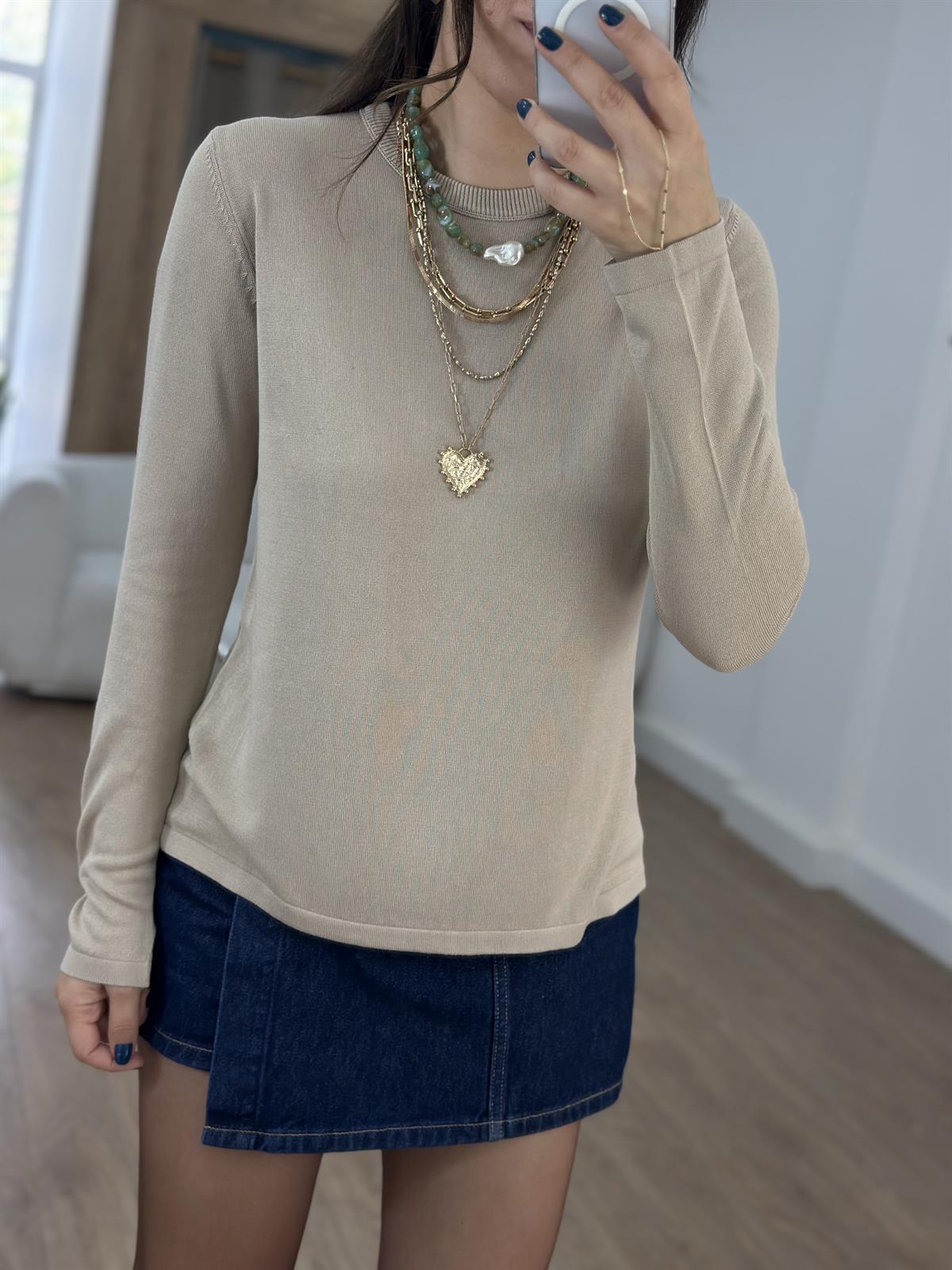 Orijinal Marka Bisiklet Yaka Triko Bluz - Vizon