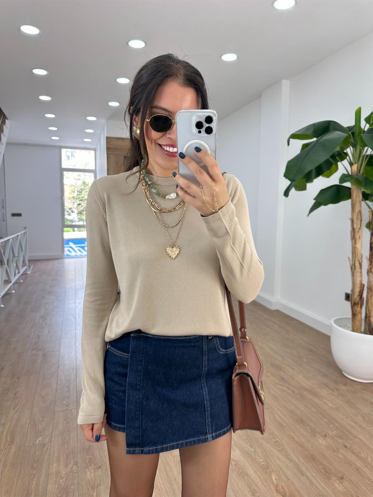 Orijinal Marka Bisiklet Yaka Triko Bluz - Vizon