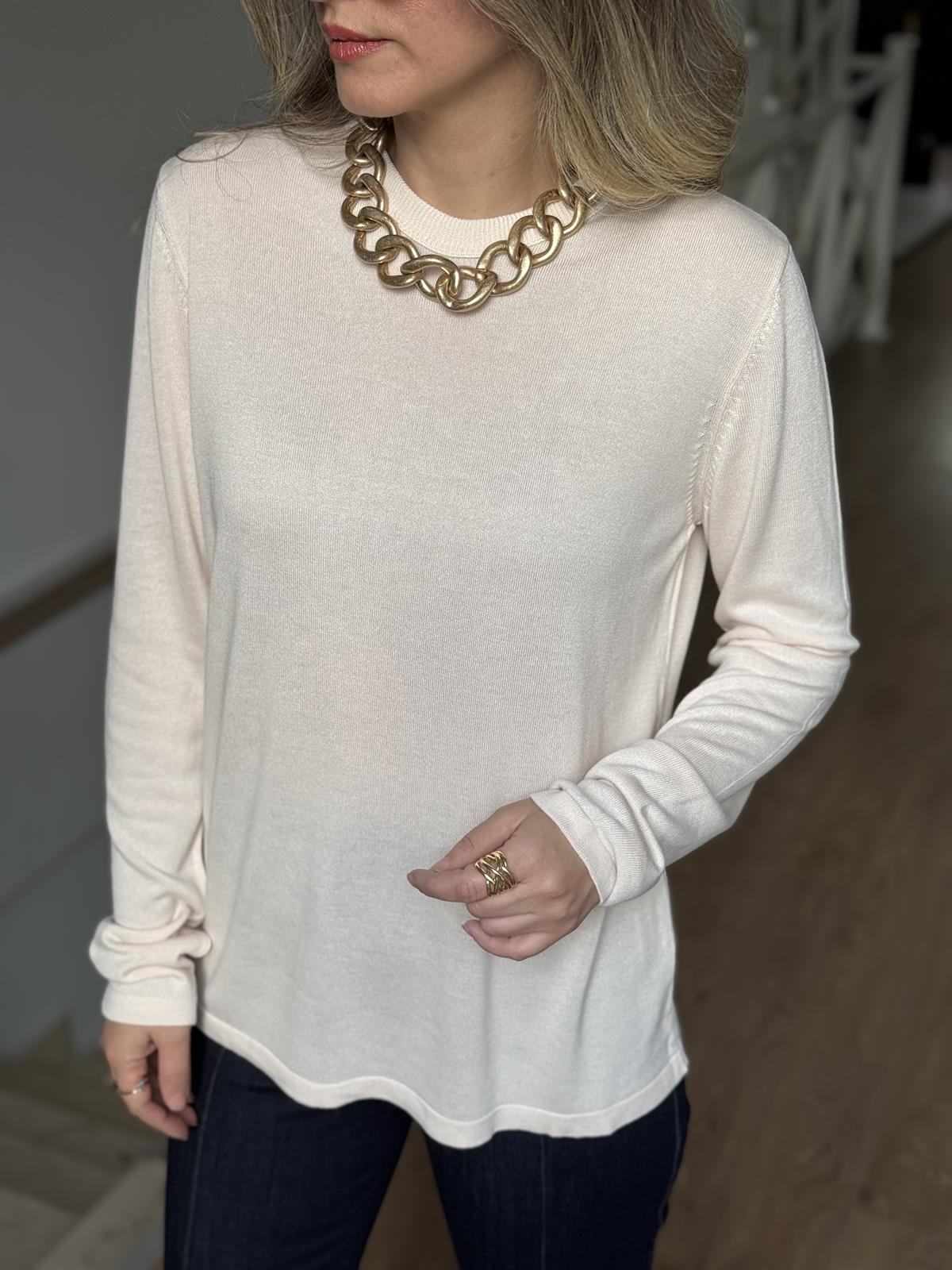 Orijinal Marka Bisiklet Yaka Triko Bluz - Ekru