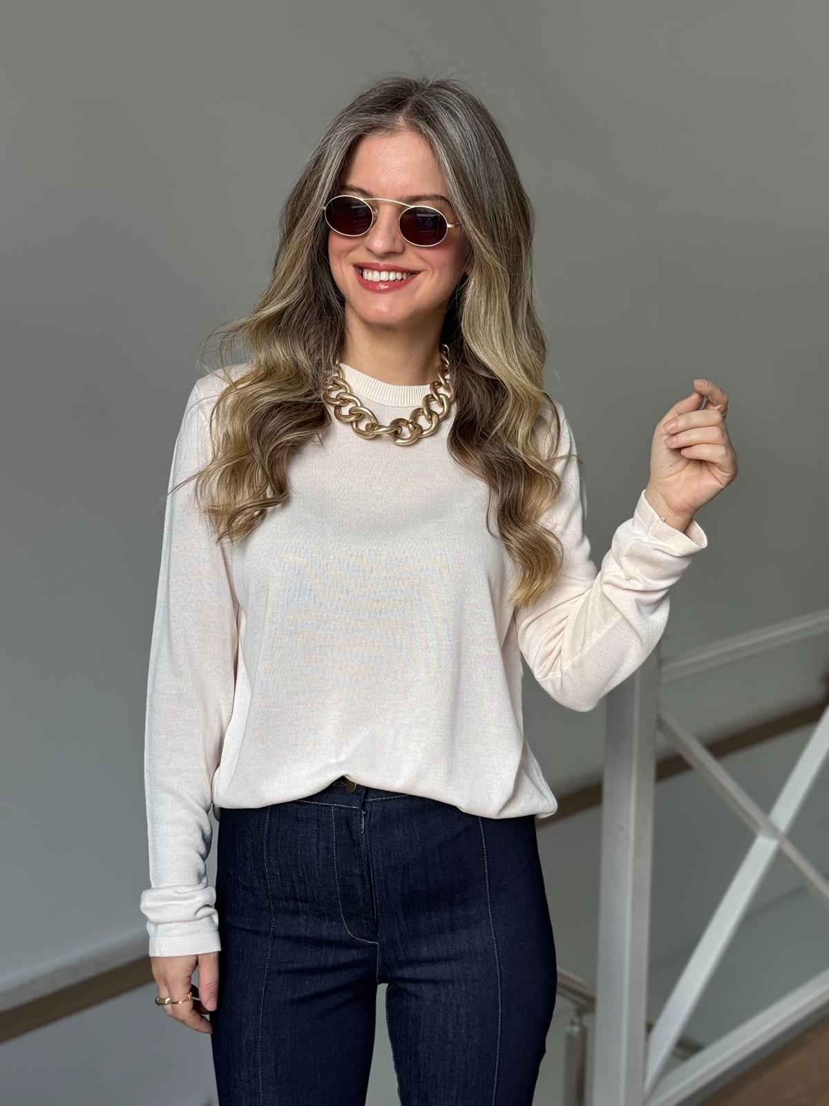 Orijinal Marka Bisiklet Yaka Triko Bluz - Ekru