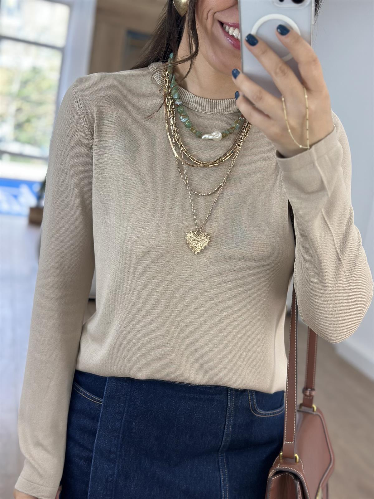 Orijinal Marka Bisiklet Yaka Triko Bluz - Vizon