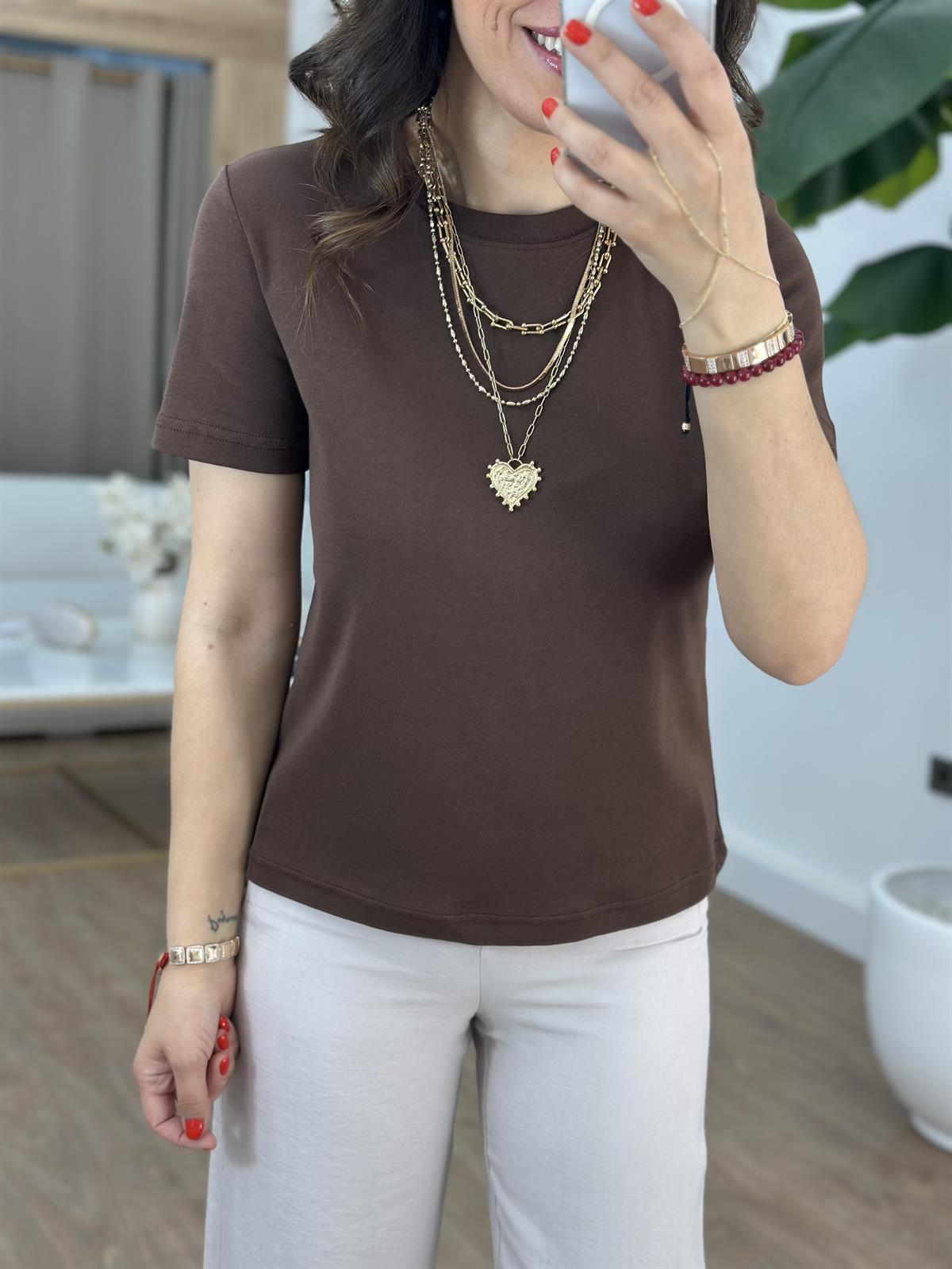 Orijinal Marka Bisiklet Yaka Tshirt - Kahverengi