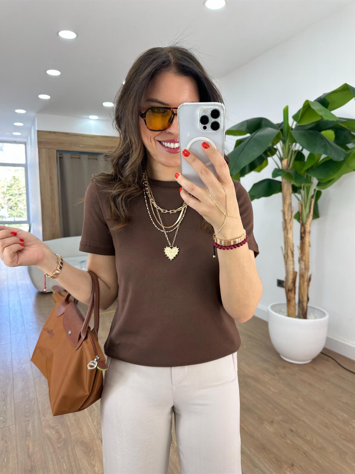 Orijinal Marka Bisiklet Yaka Tshirt - Kahverengi