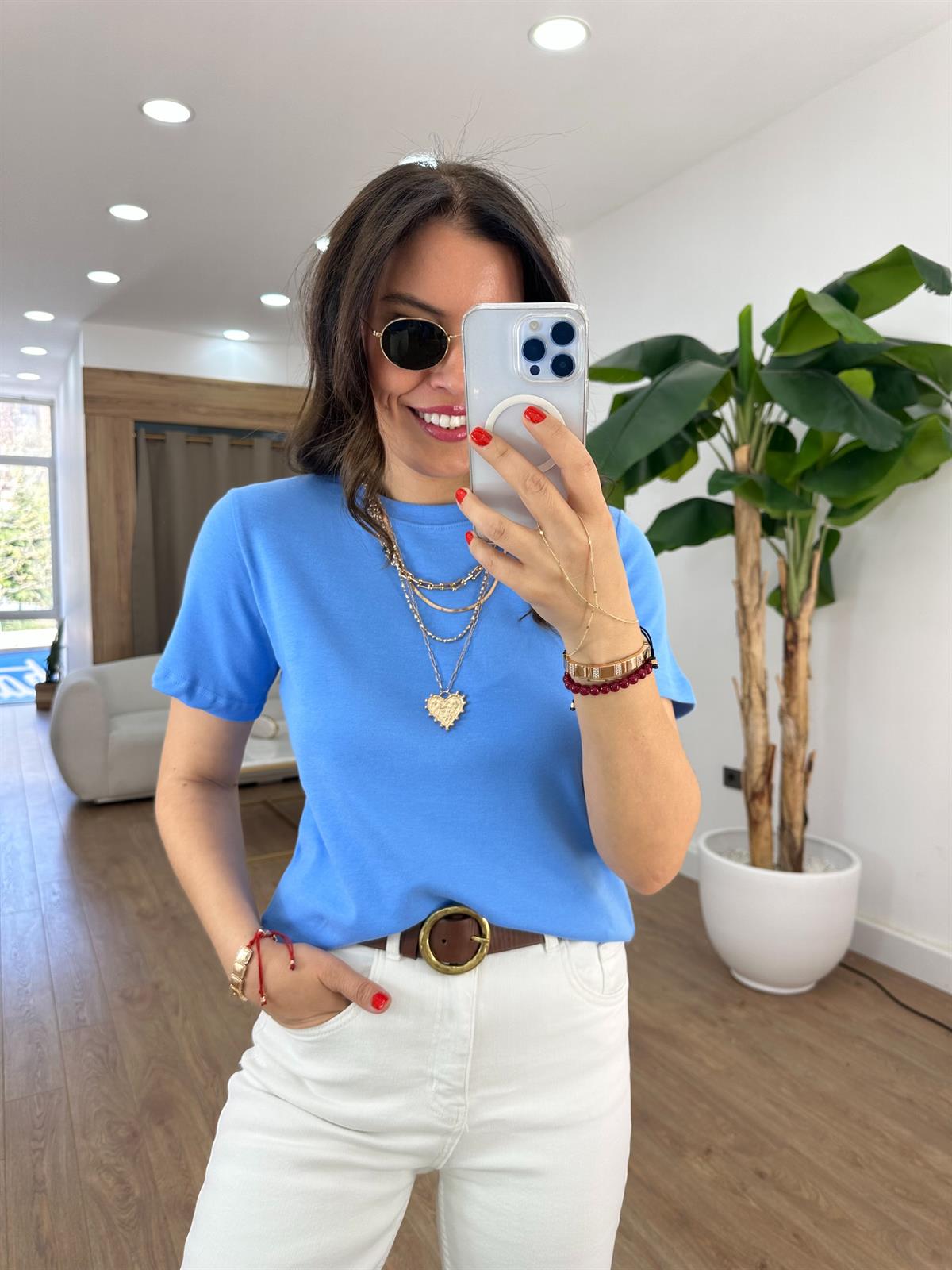 Orijinal Marka Bisiklet Yaka Tshirt - Mavi