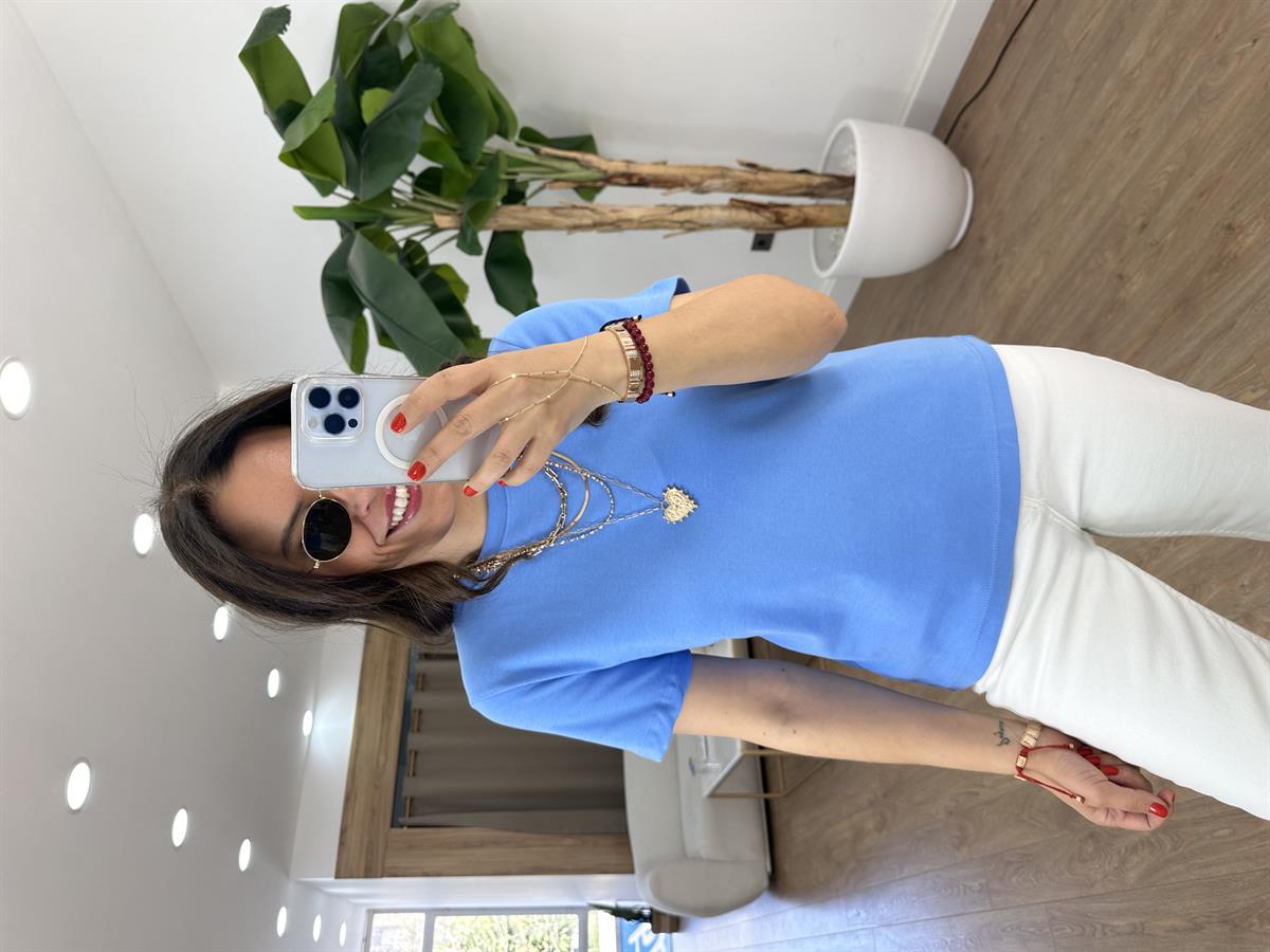 Orijinal Marka Bisiklet Yaka Tshirt - Mavi