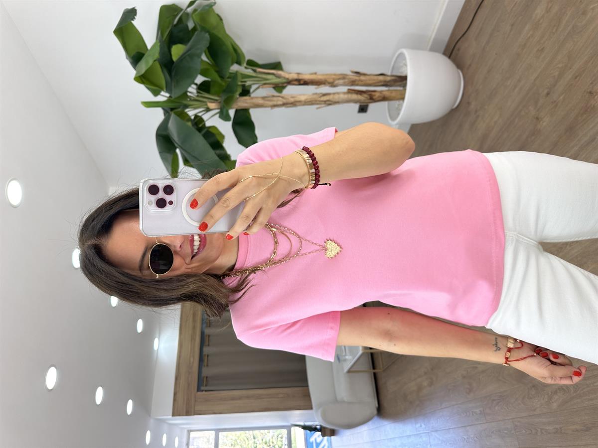 Orijinal Marka Bisiklet Yaka Tshirt - Pembe