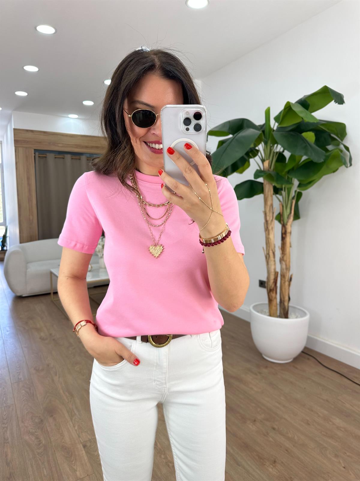 Orijinal Marka Bisiklet Yaka Tshirt - Pembe