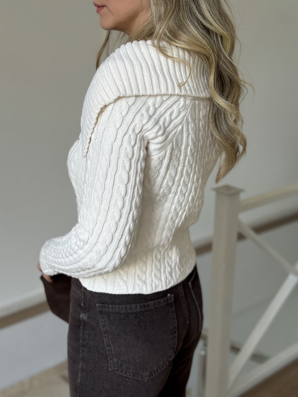 Orijinal Marka Çift Fermuarlı Kamyoner Yaka Hırka - Ekru