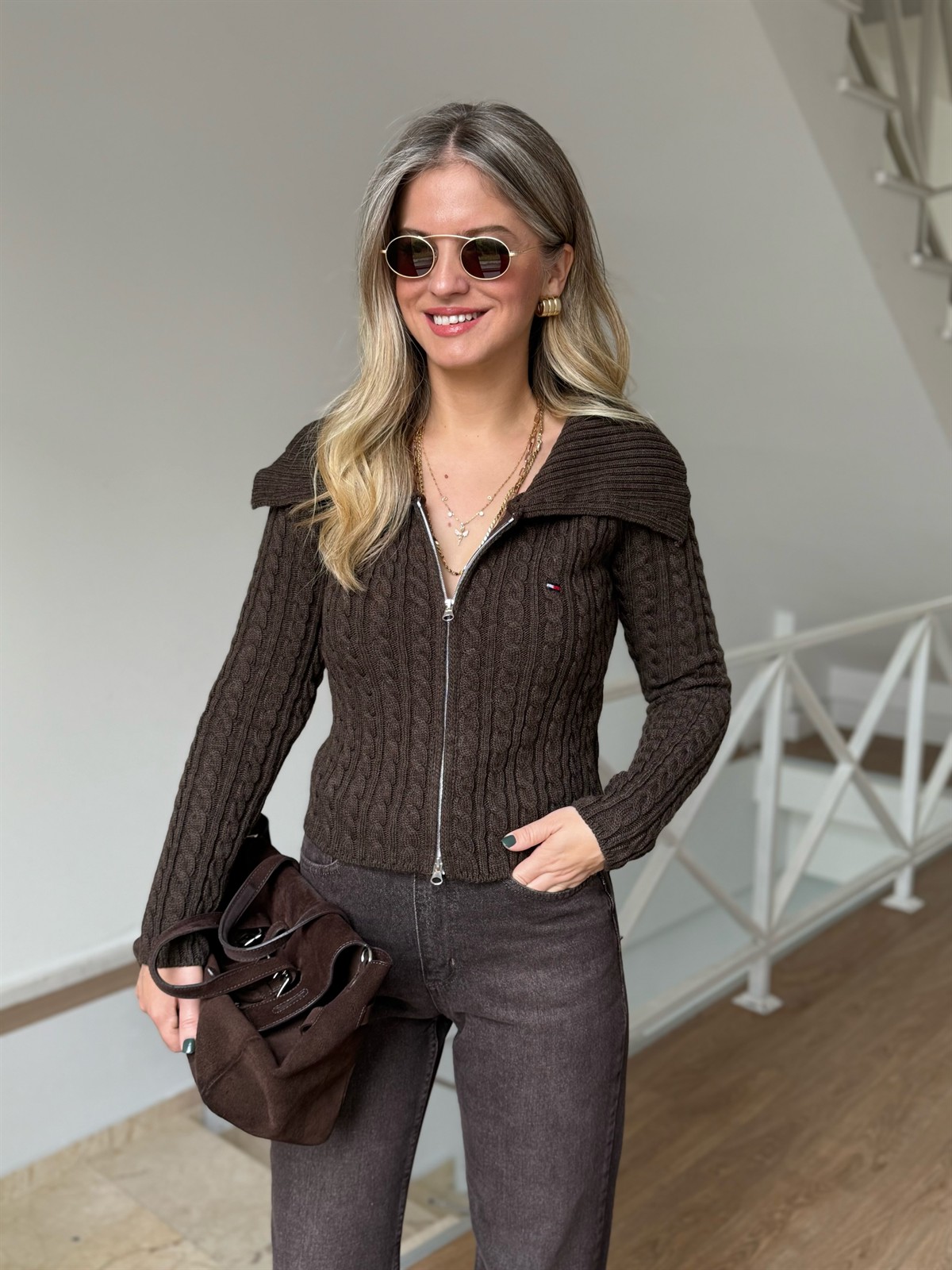 Orijinal Marka Çift Fermuarlı Kamyoner Yaka Hırka - Kahverengi