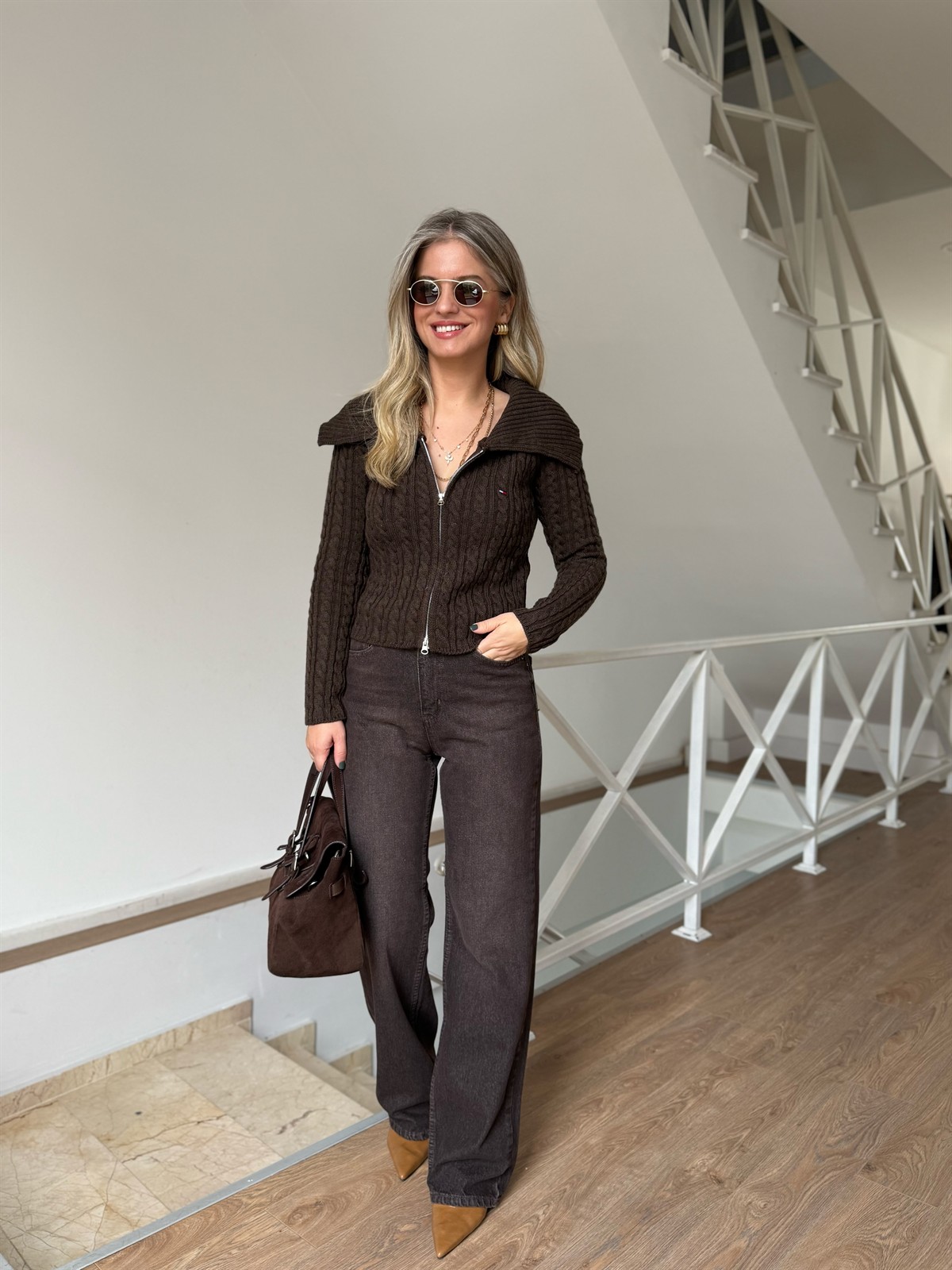 Orijinal Marka Çift Fermuarlı Kamyoner Yaka Hırka - Kahverengi