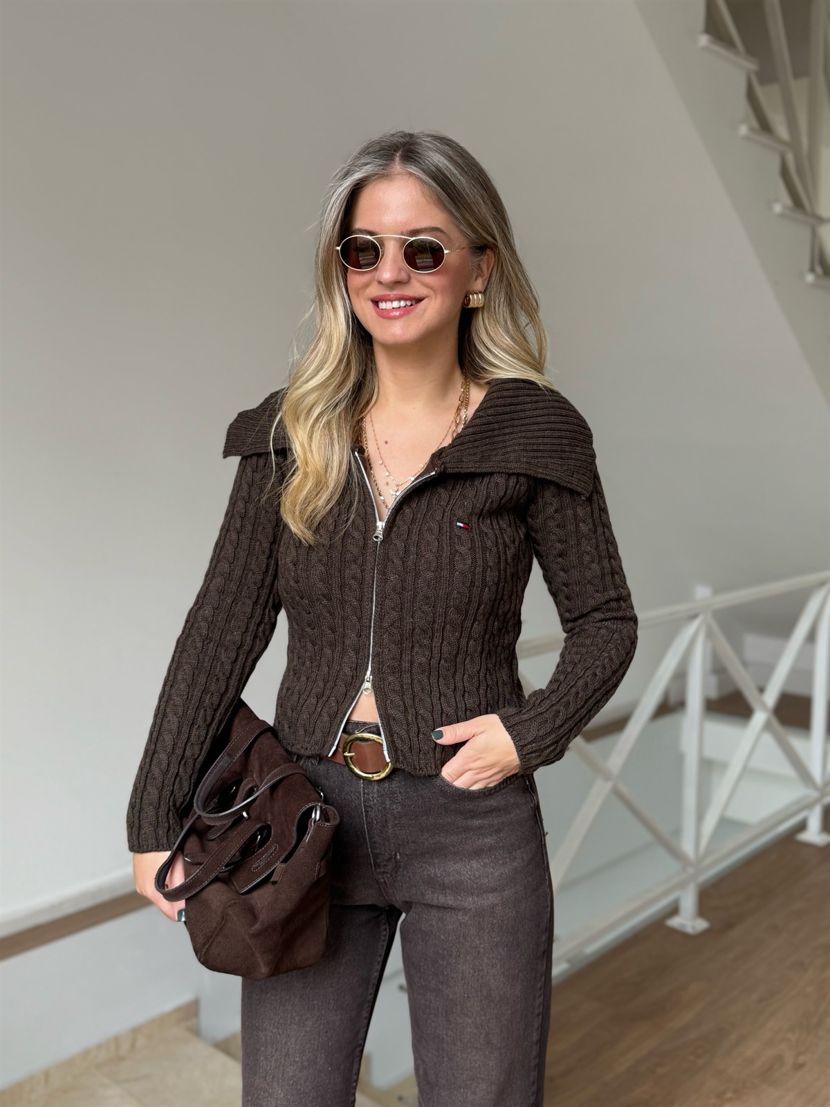 Orijinal Marka Çift Fermuarlı Kamyoner Yaka Hırka - Kahverengi