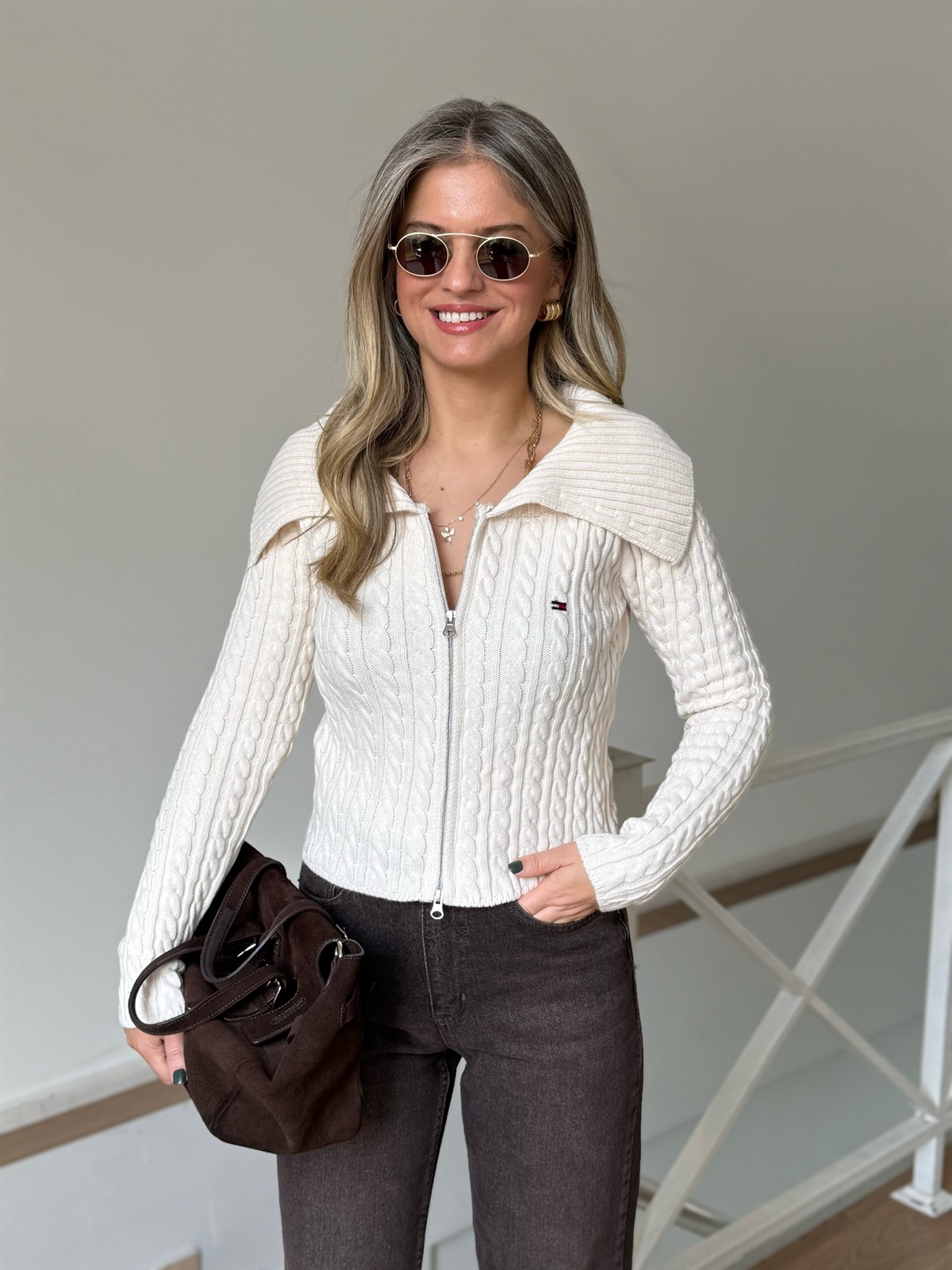 Orijinal Marka Çift Fermuarlı Kamyoner Yaka Hırka - Ekru