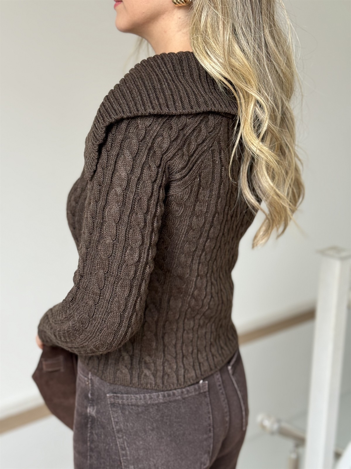 Orijinal Marka Çift Fermuarlı Kamyoner Yaka Hırka - Kahverengi