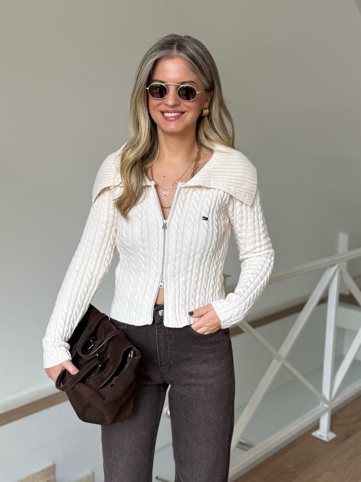 Orijinal Marka Çift Fermuarlı Kamyoner Yaka Hırka - Ekru