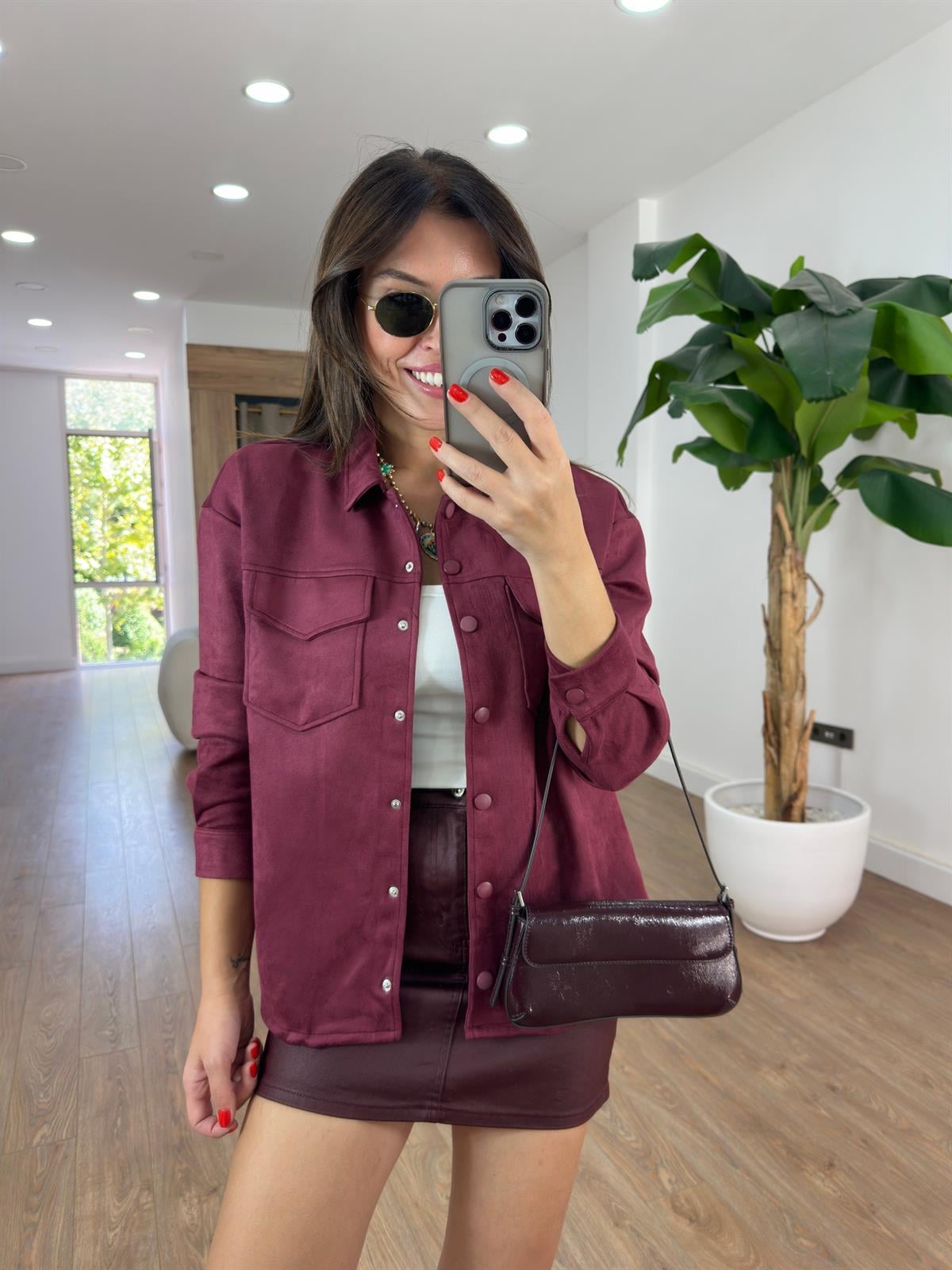 Orijinal Marka Çıtçıtlı Süet Gömlek - Bordo