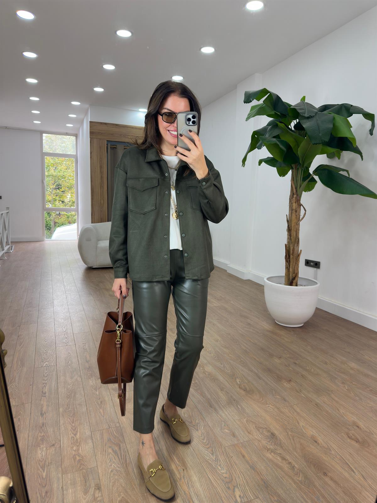 Orijinal Marka Çıtçıtlı Süet Gömlek - Haki