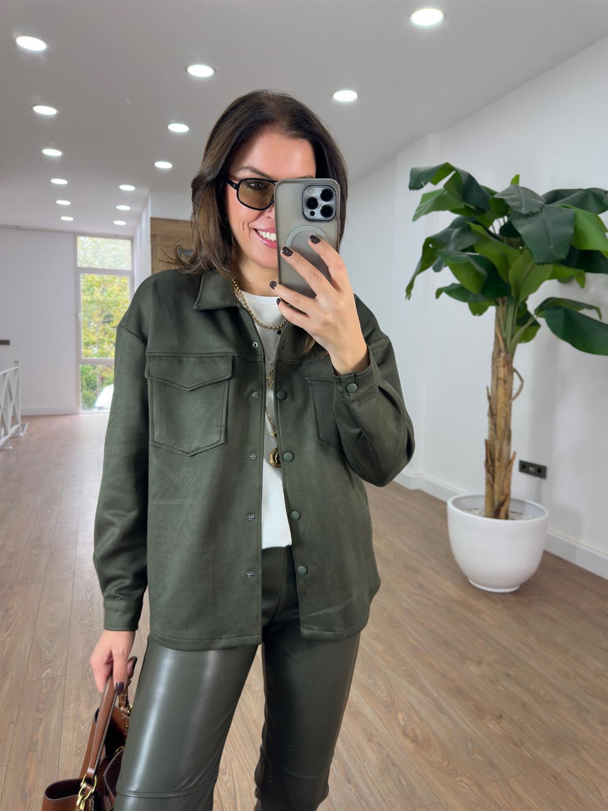 Orijinal Marka Çıtçıtlı Süet Gömlek - Haki