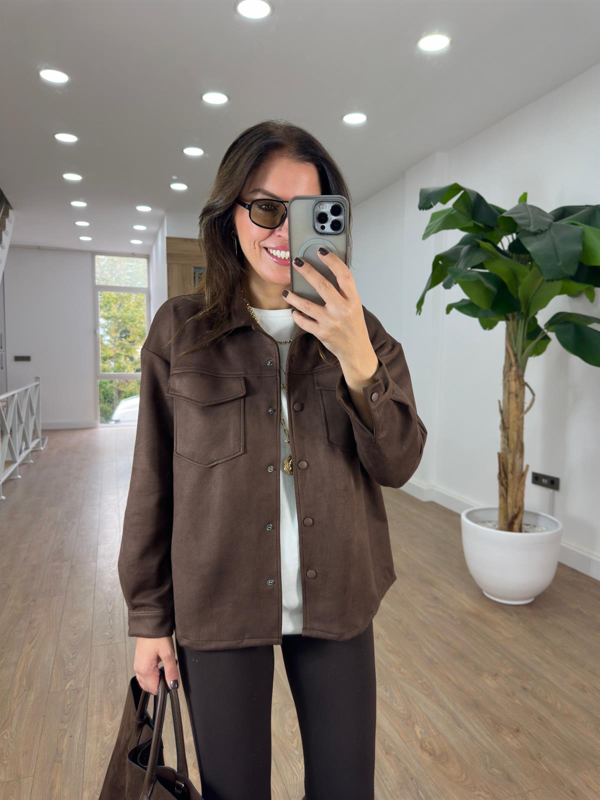 Orijinal Marka Çıtçıtlı Süet Gömlek - Kahverengi