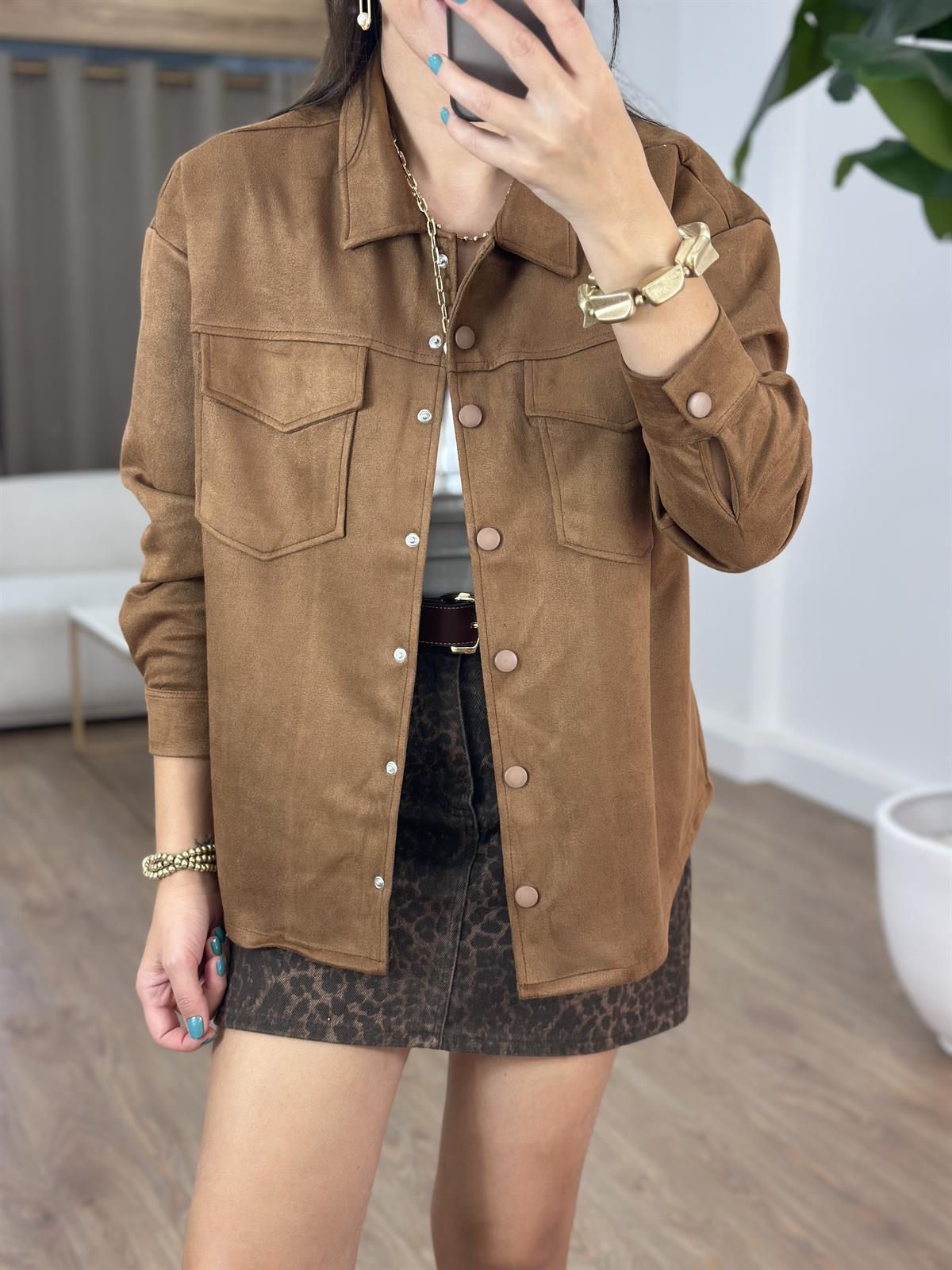 Orijinal Marka Çıtçıtlı Süet Gömlek - Taba