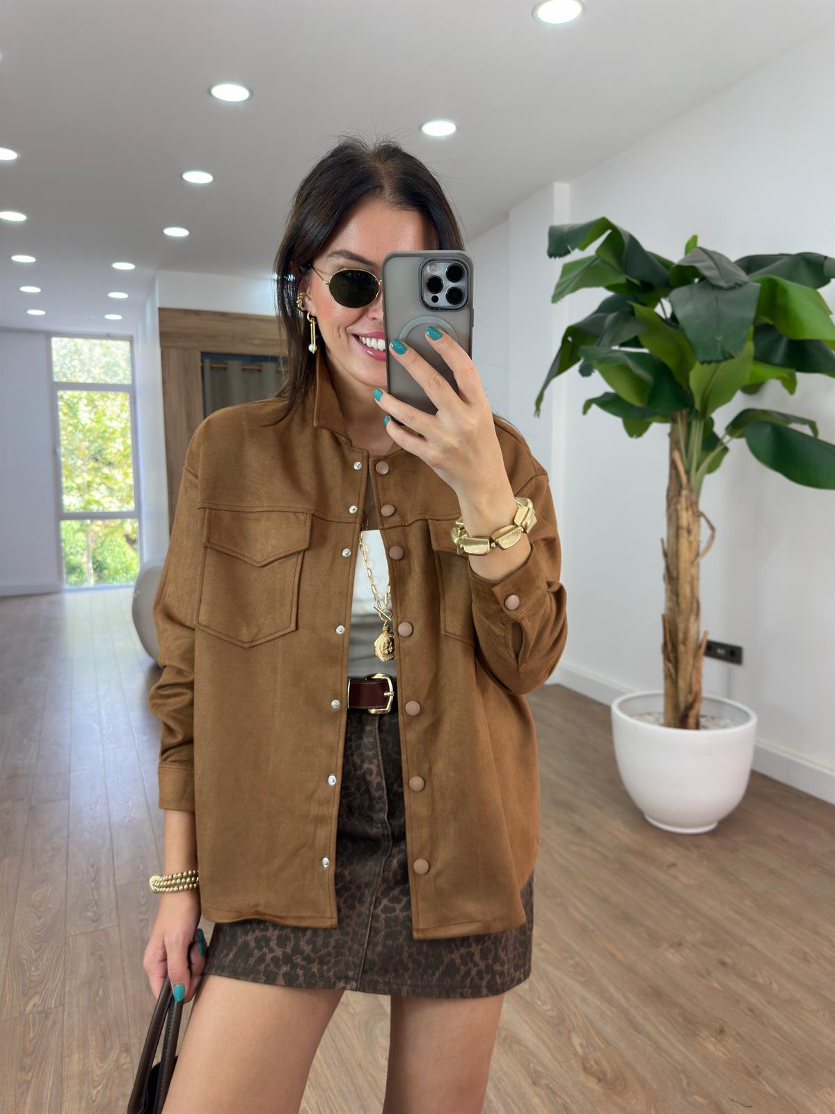 Orijinal Marka Çıtçıtlı Süet Gömlek - Taba