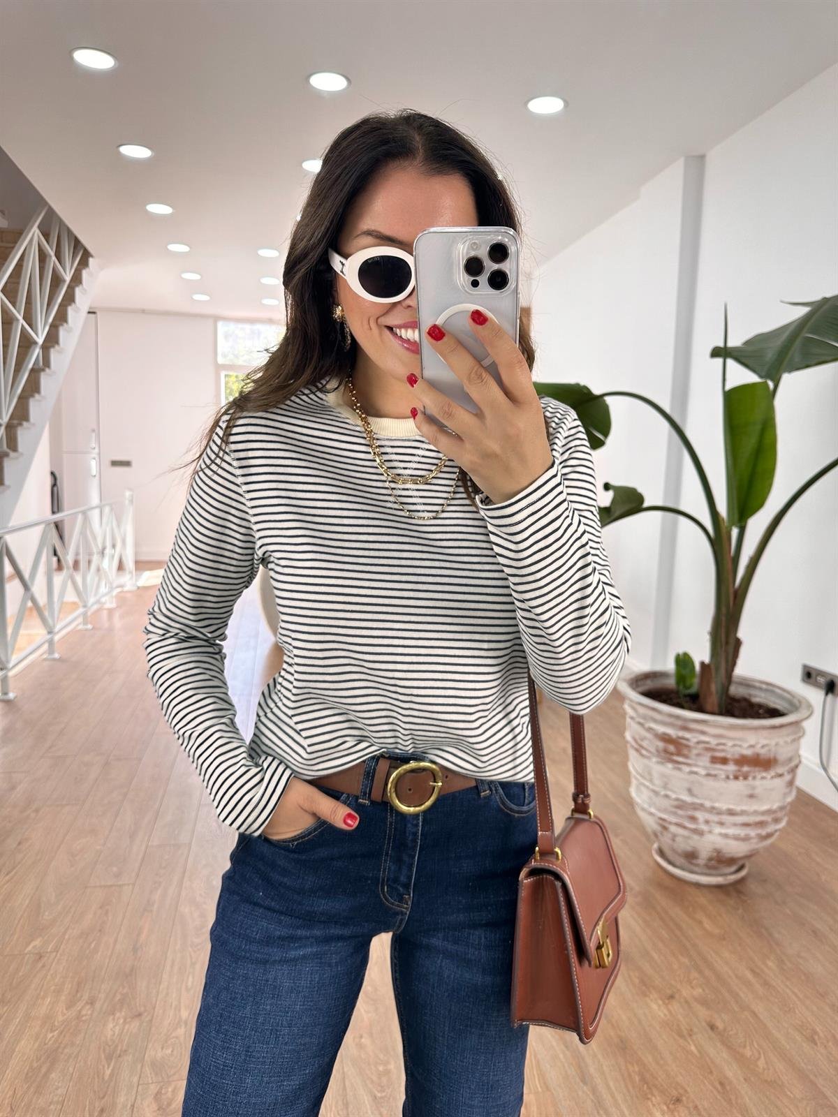 Orijinal Marka Çizgili Sweat-Ekru