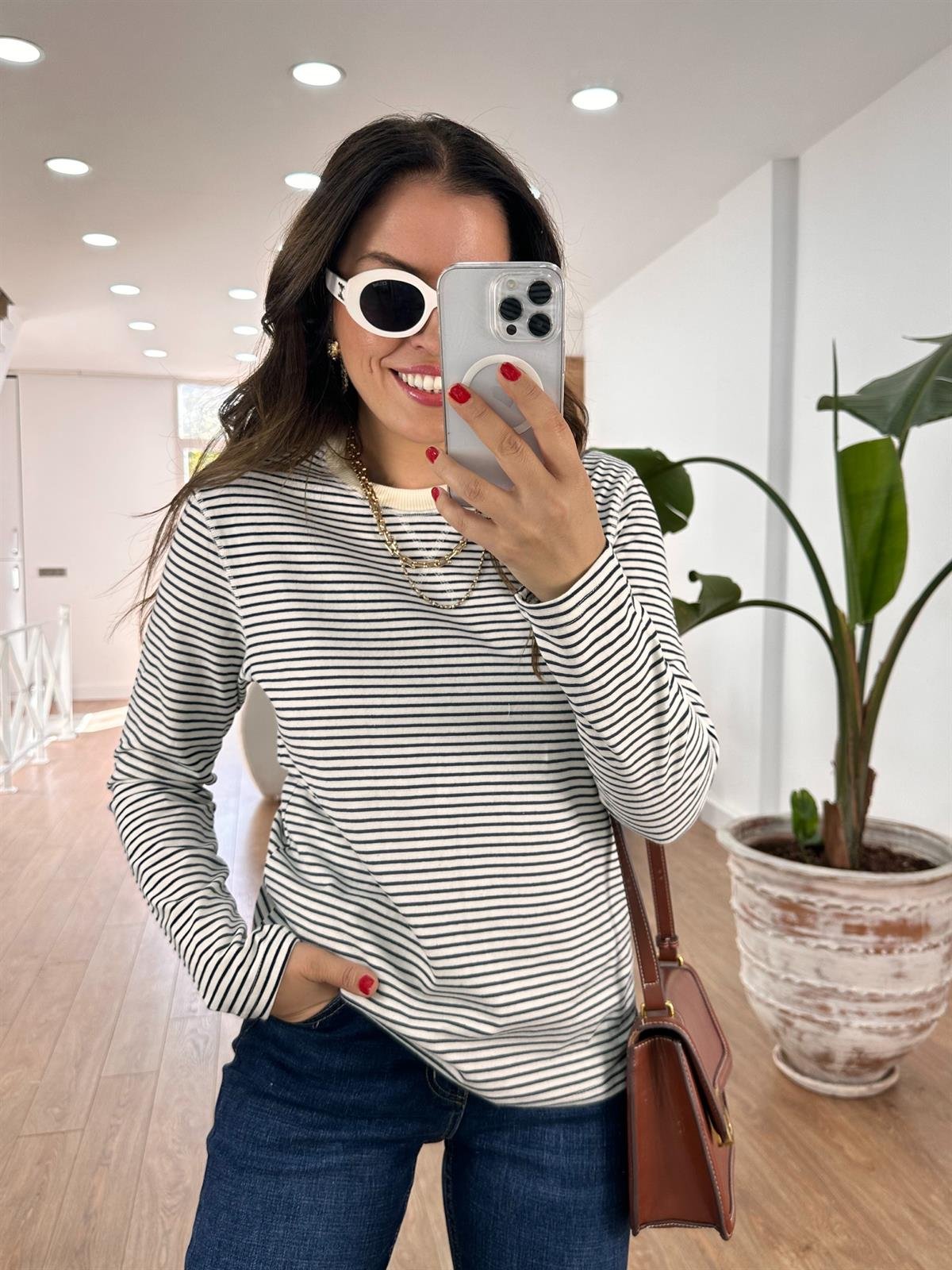 Orijinal Marka Çizgili Sweat-Ekru