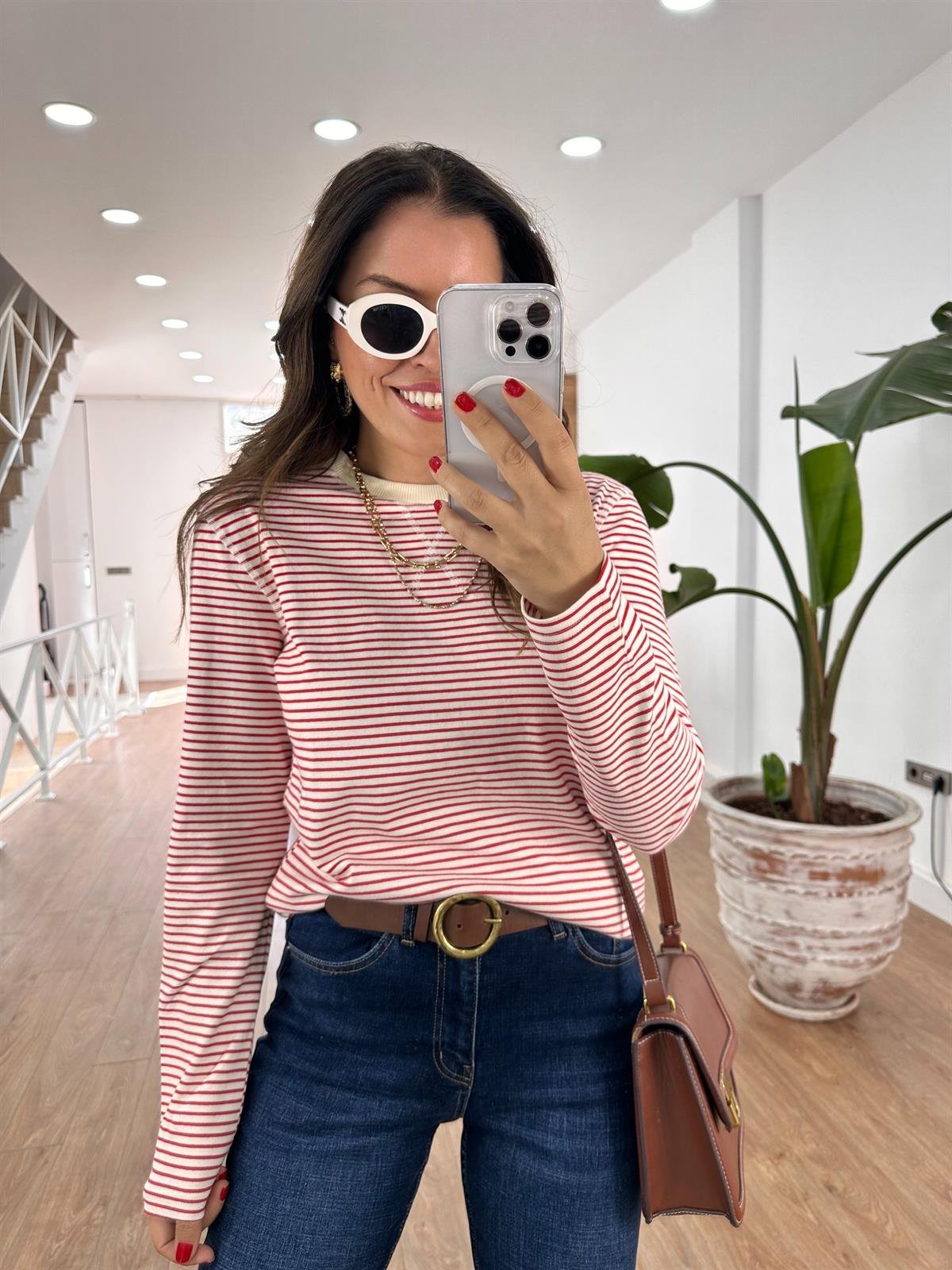 Orijinal Marka Çizgili Sweat-Kırmızı