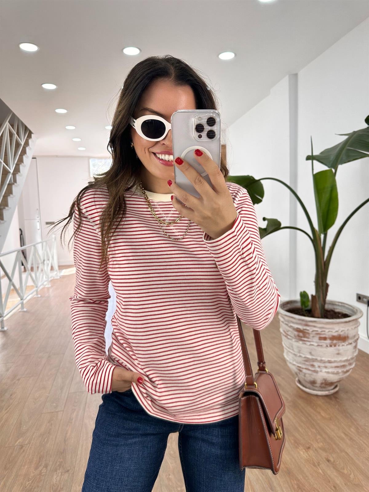 Orijinal Marka Çizgili Sweat-Kırmızı